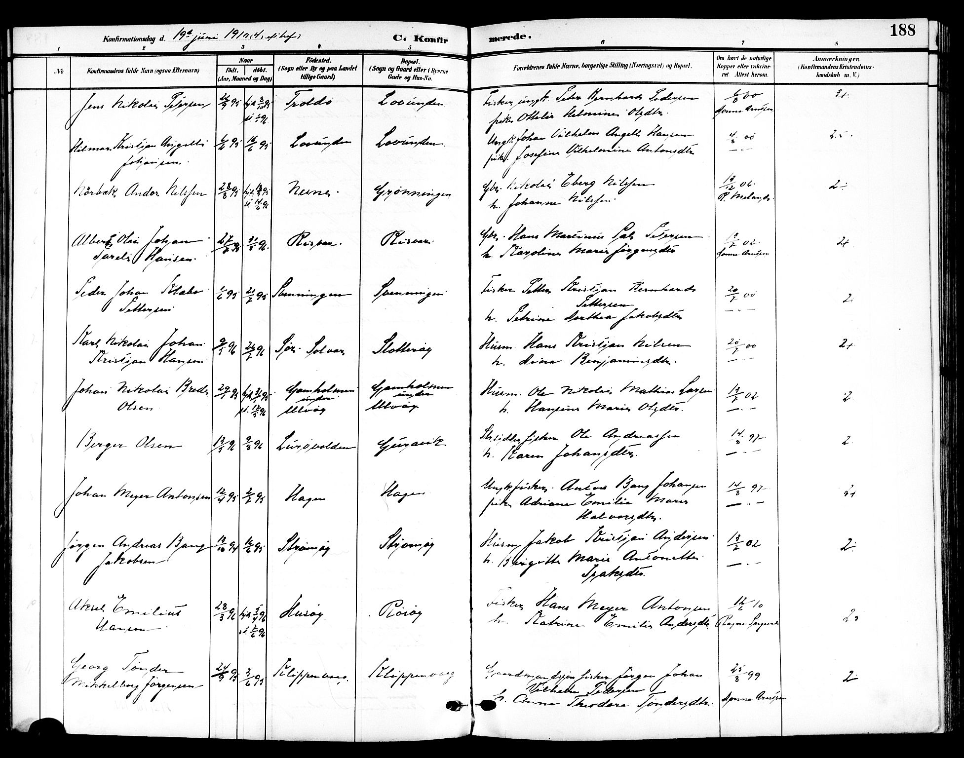 Ministerialprotokoller, klokkerbøker og fødselsregistre - Nordland, AV/SAT-A-1459/839/L0569: Parish register (official) no. 839A06, 1903-1922, p. 188