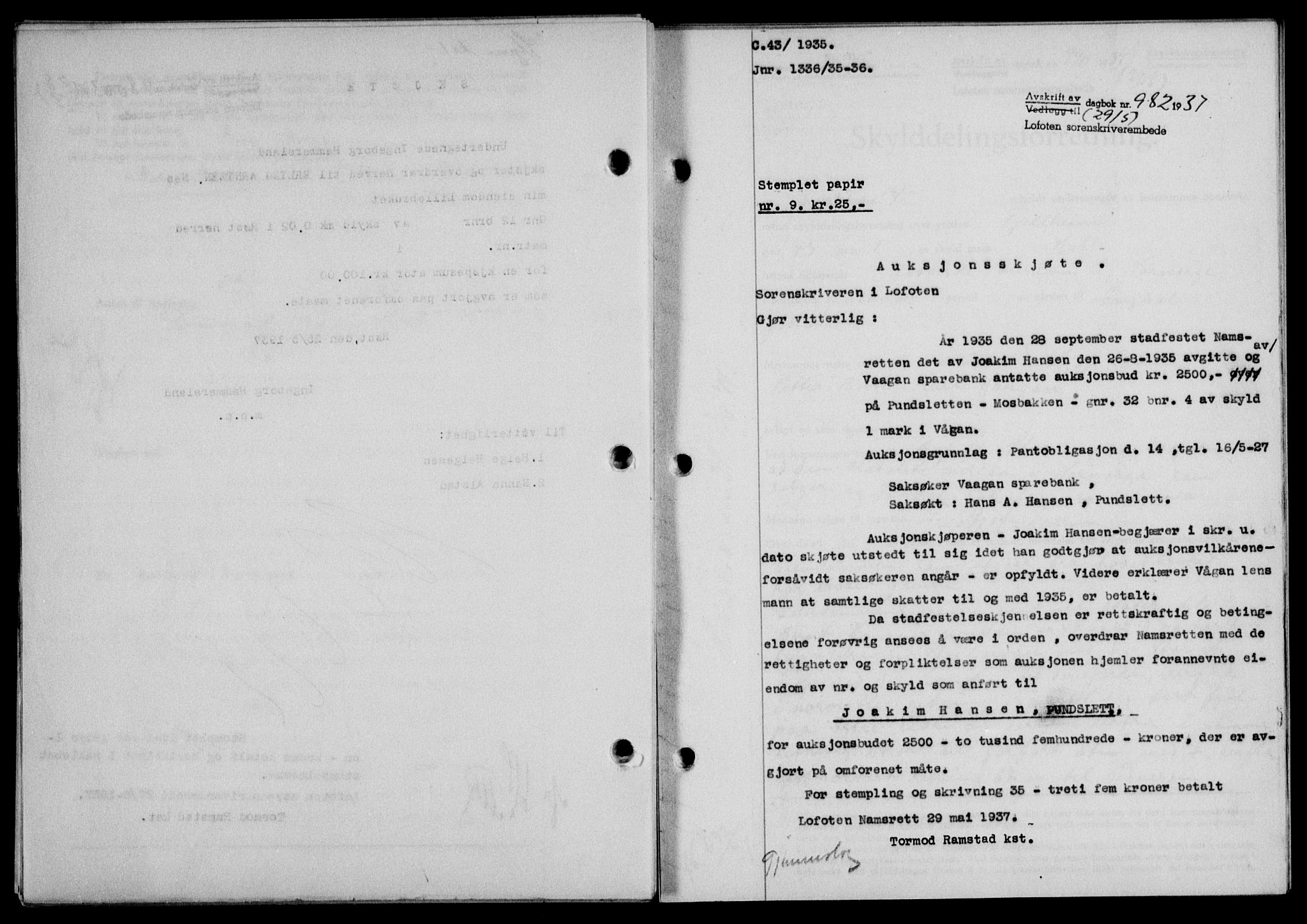 Lofoten sorenskriveri, SAT/A-0017/1/2/2C/L0002a: Mortgage book no. 2a, 1937-1937, Diary no: : 982/1937