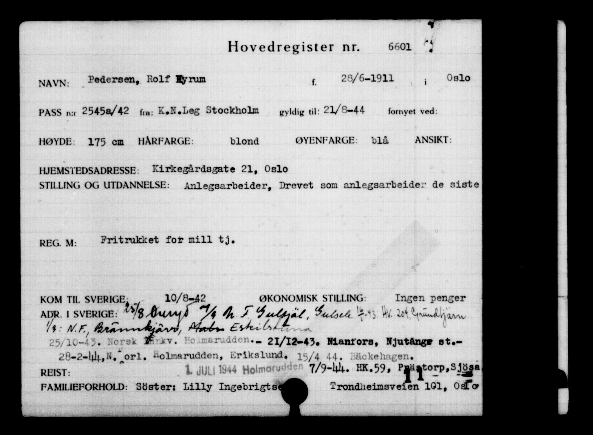 Utenriksstasjonene, Legasjonen i Stockholm, Flyktningkontoret, AV/RA-S-6753/V/Va/L0004: Kjesäterkartoteket, flyktninger med registreringsnr. 3496-6610, 1940-1945, p. 3668