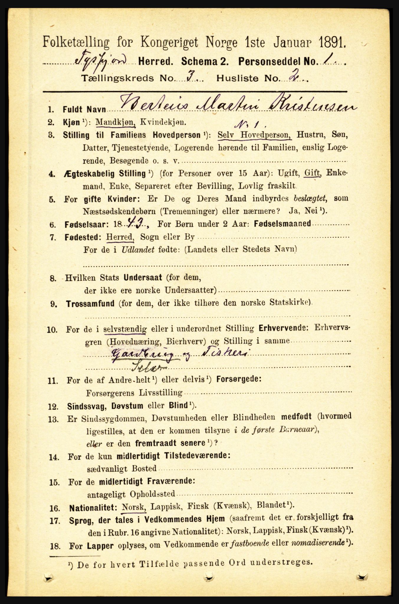 RA, 1891 census for 1850 Tysfjord, 1891, p. 1052