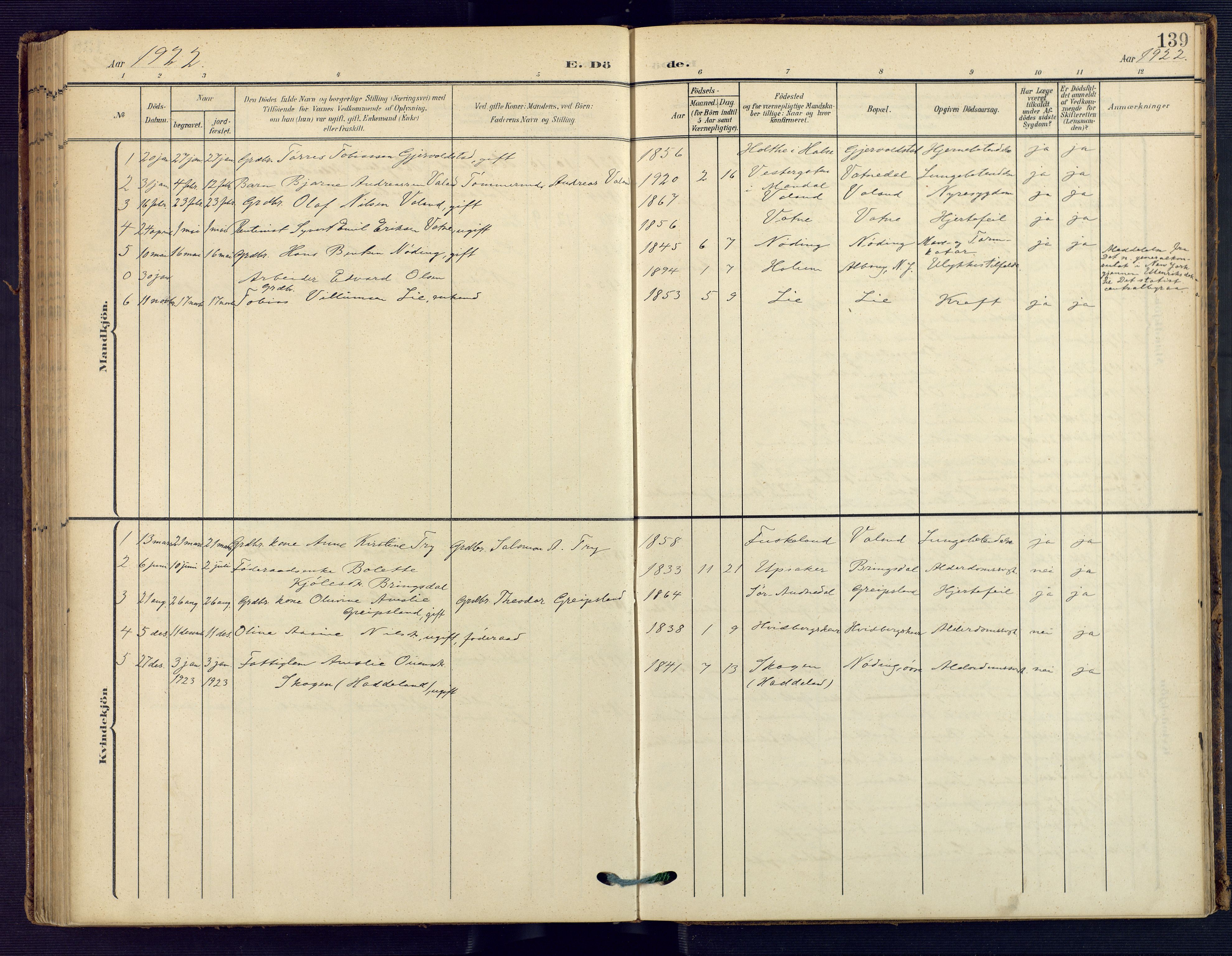 Holum sokneprestkontor, AV/SAK-1111-0022/F/Fa/Faa/L0008: Parish register (official) no. A 8, 1908-1929, p. 139