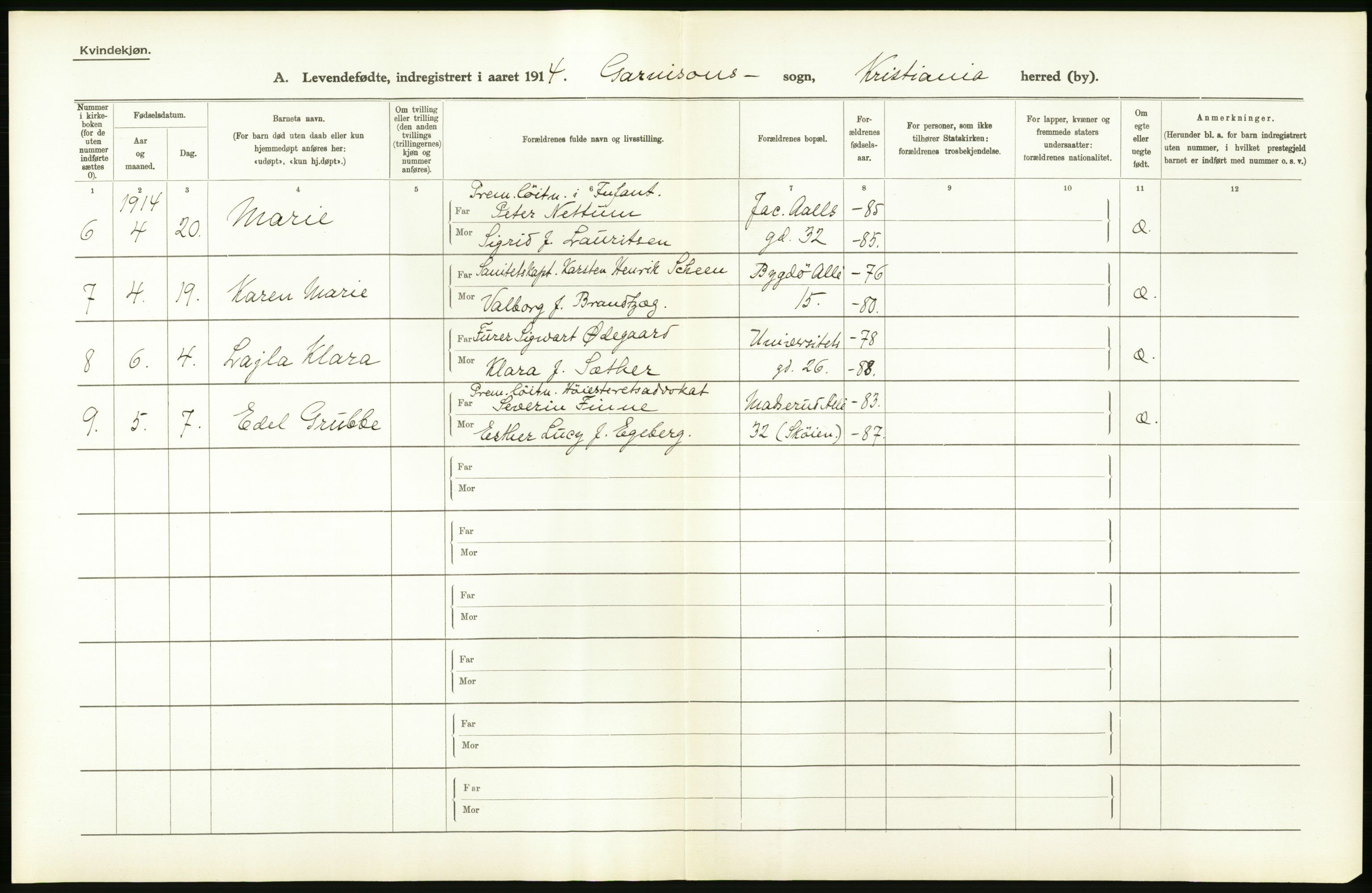 Statistisk sentralbyrå, Sosiodemografiske emner, Befolkning, AV/RA-S-2228/D/Df/Dfb/Dfbd/L0005: Kristiania: Levendefødte menn og kvinner., 1914, p. 468