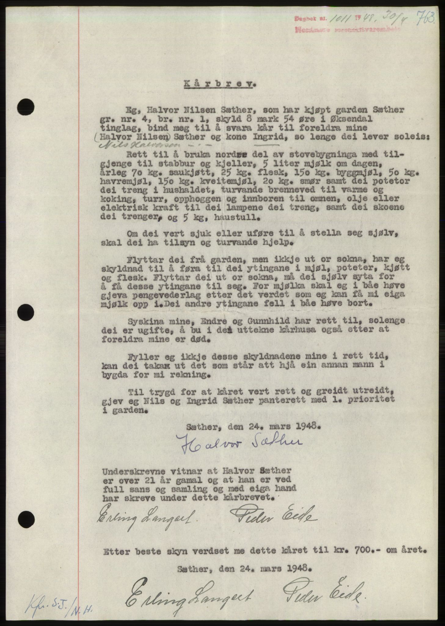 Nordmøre sorenskriveri, AV/SAT-A-4132/1/2/2Ca: Mortgage book no. B98, 1948-1948, Diary no: : 1011/1948