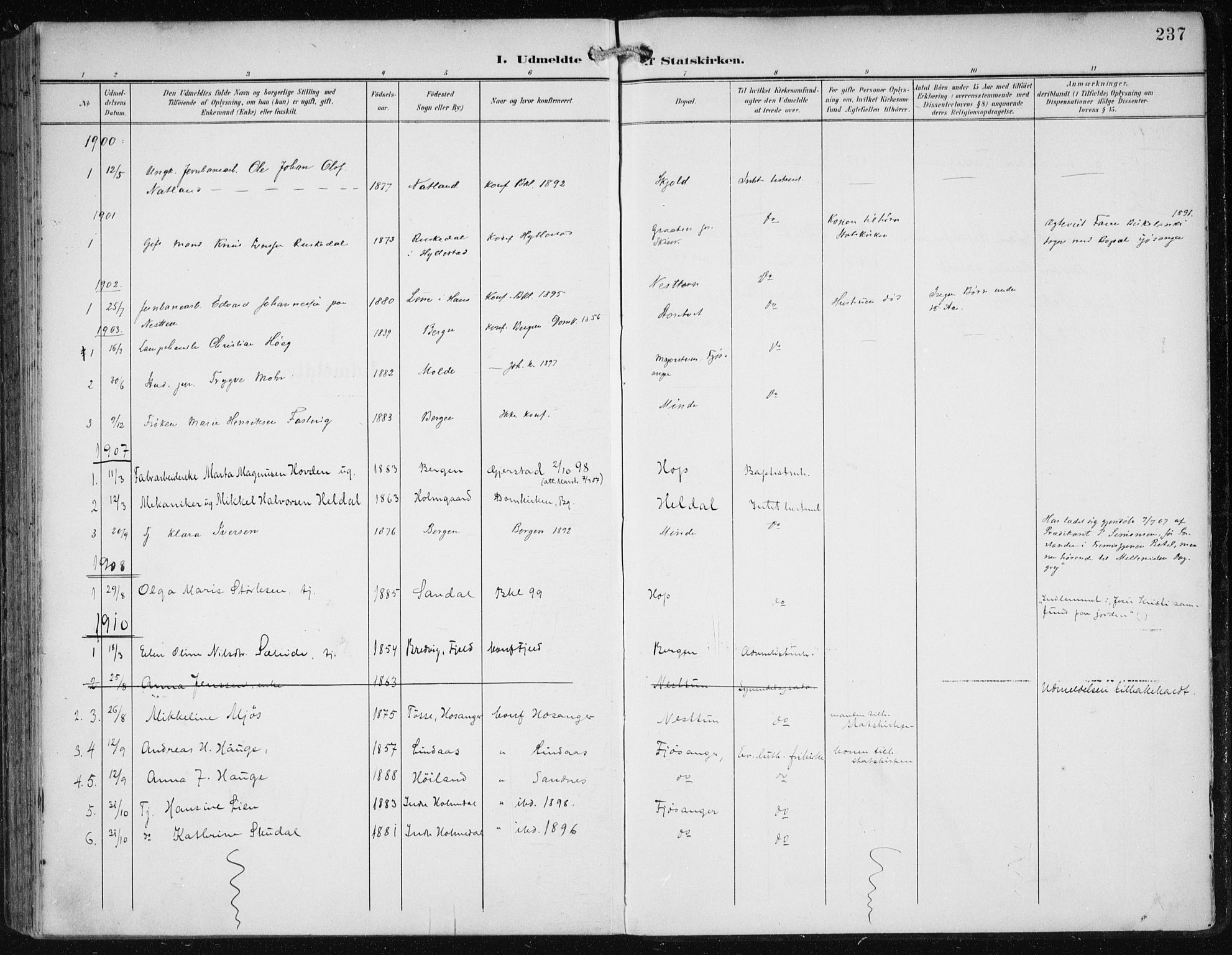 Fana Sokneprestembete, SAB/A-75101/H/Haa/Haai/L0003: Parish register (official) no. I 3, 1900-1912, p. 237
