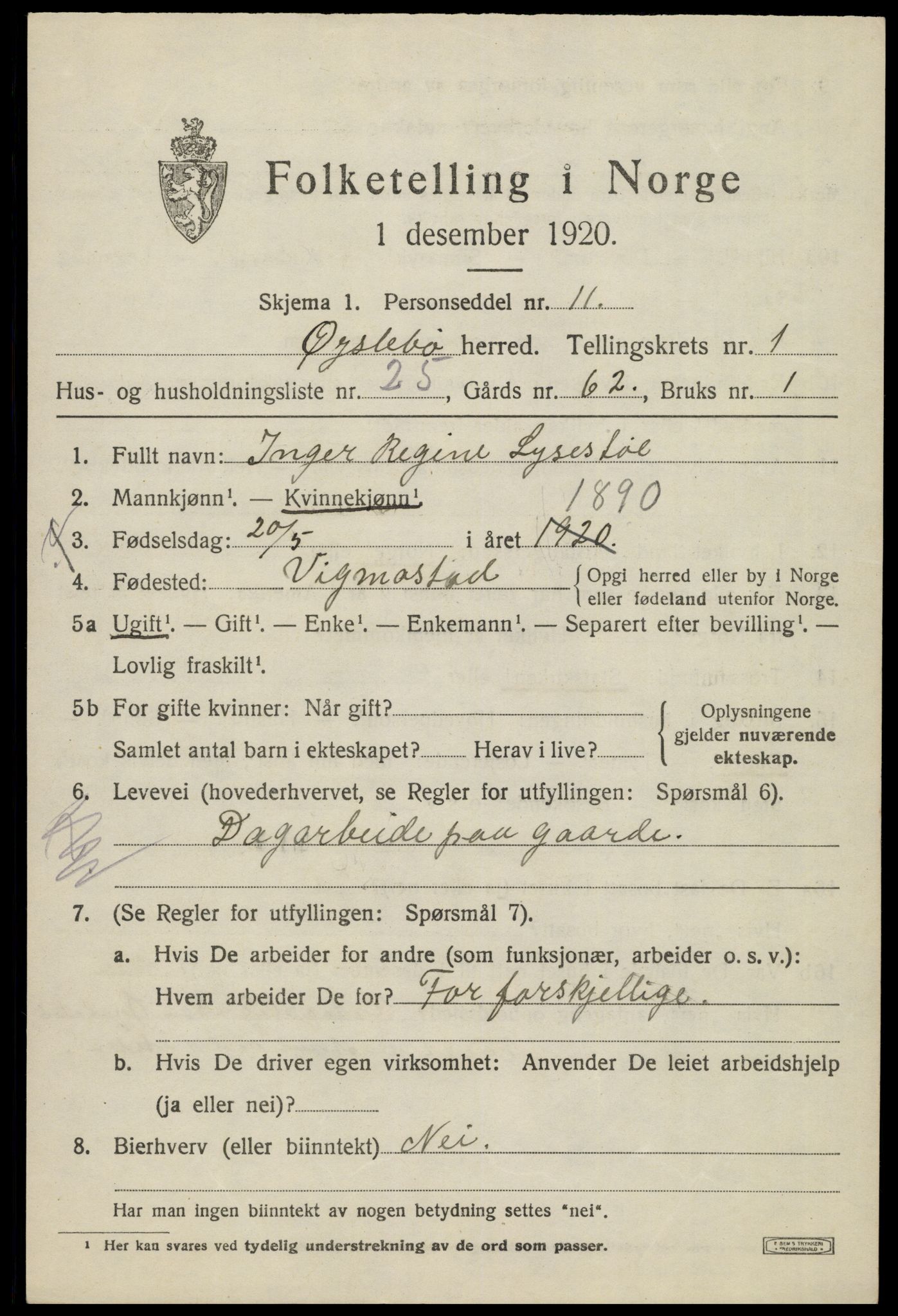 SAK, 1920 census for Øyslebø, 1920, p. 730