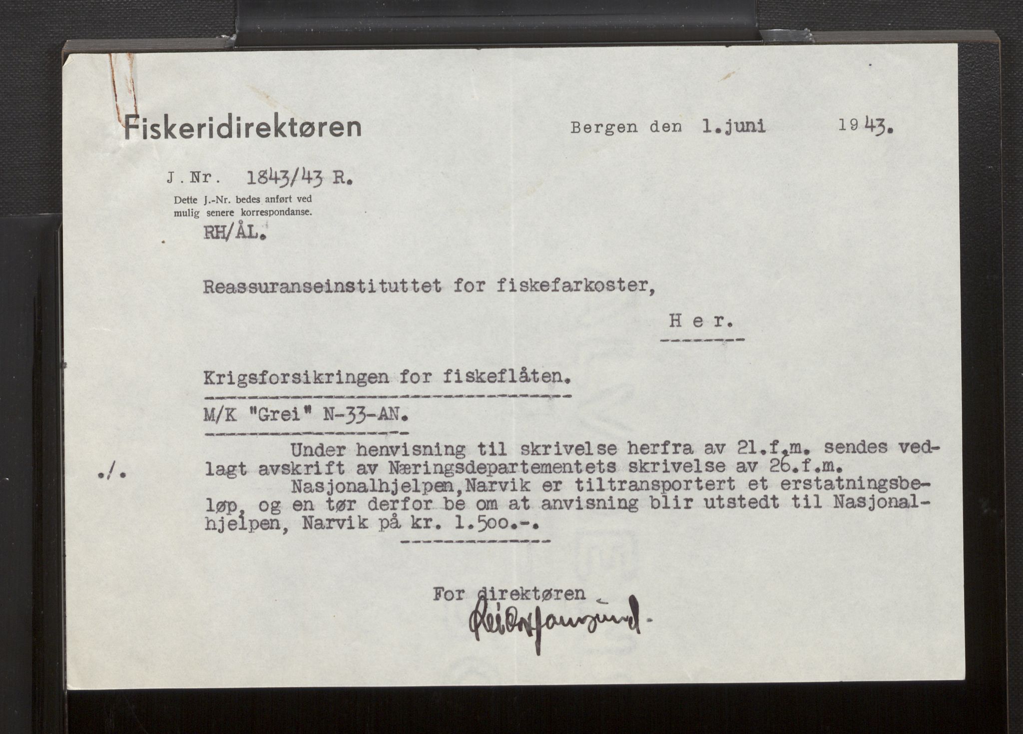 Fiskeridirektoratet - 1 Adm. ledelse - 13 Båtkontoret, AV/SAB-A-2003/La/L0058: Statens krigsforsikring for fiskeflåten, 1936-1971, p. 633