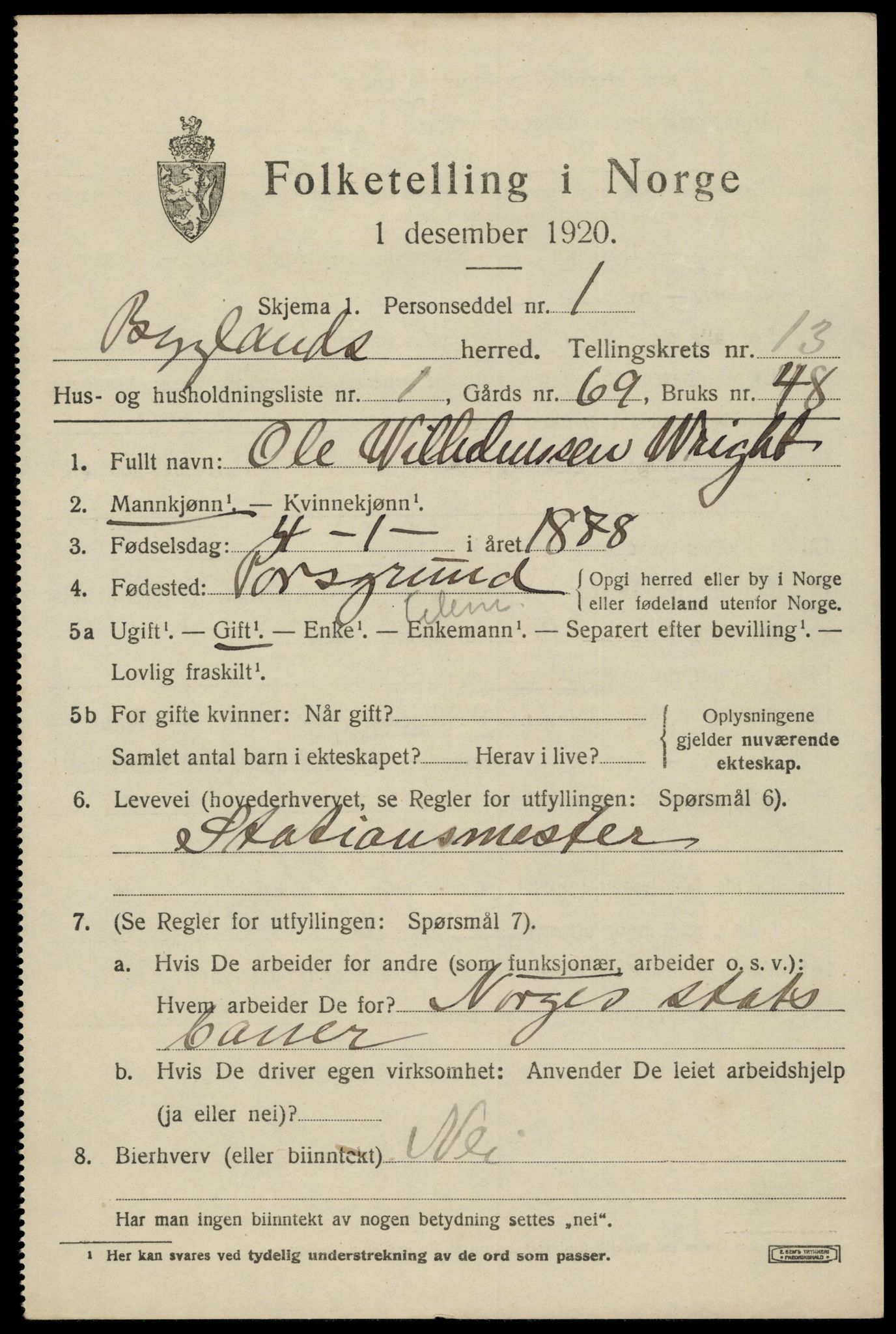 SAK, 1920 census for Bygland, 1920, p. 5257