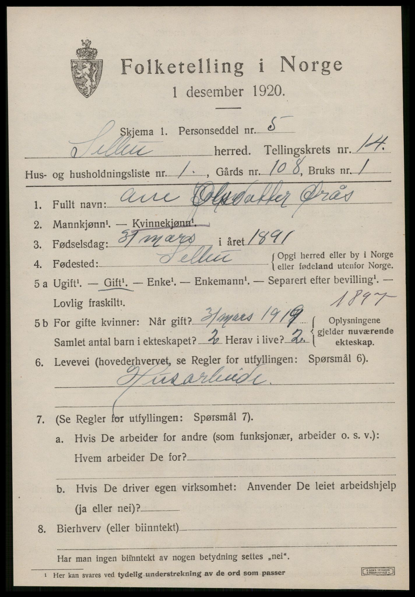 SAT, 1920 census for Selbu, 1920, p. 7456