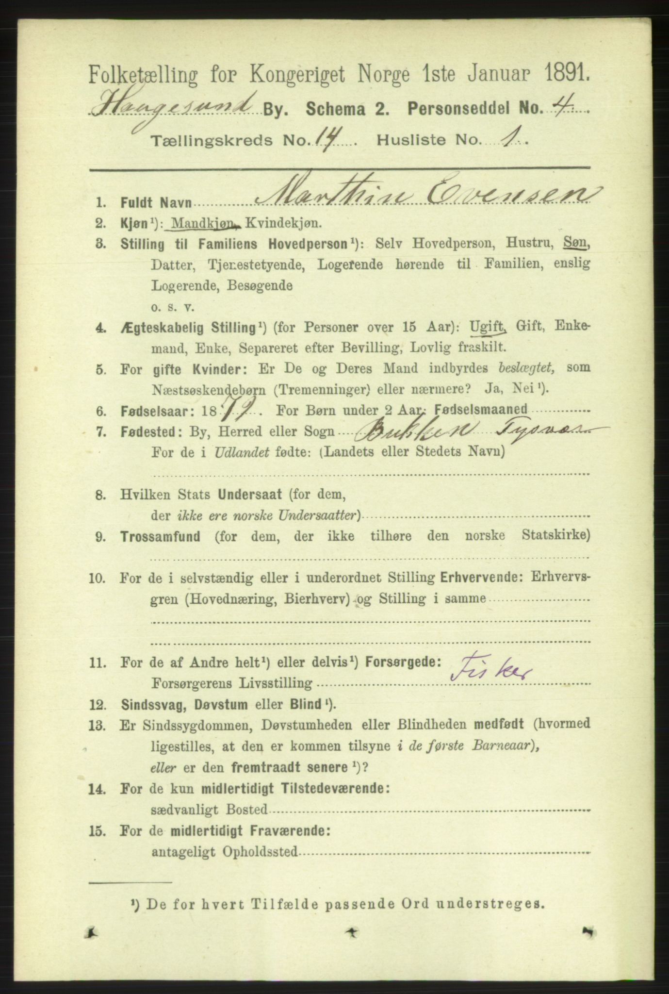 RA, 1891 census for 1106 Haugesund, 1891, p. 4663