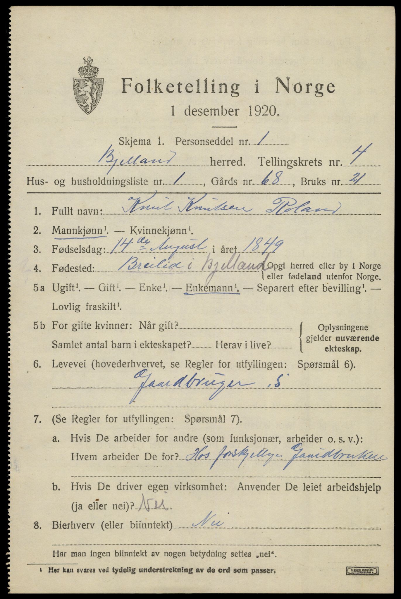 SAK, 1920 census for Bjelland, 1920, p. 1201