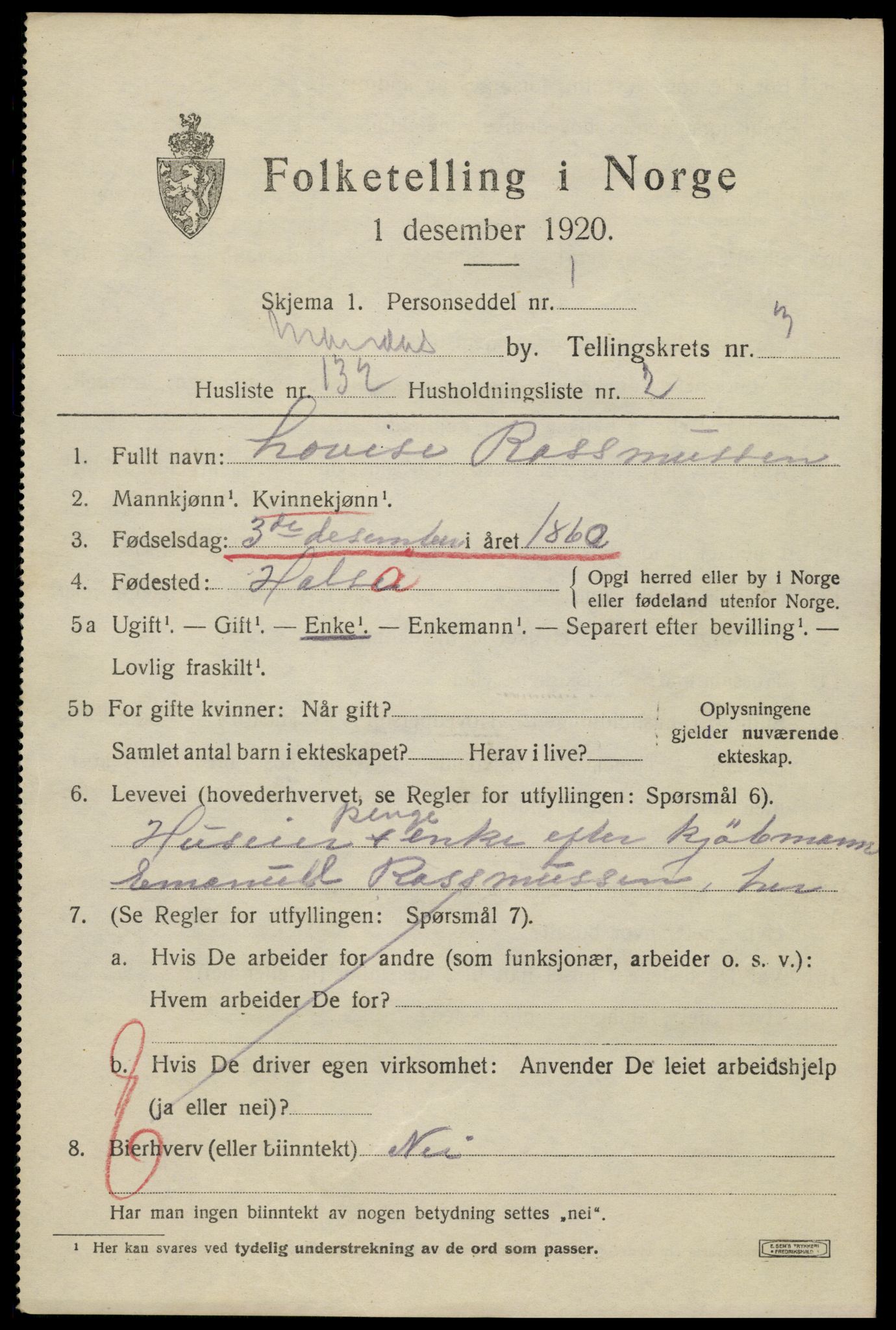 SAK, 1920 census for Mandal, 1920, p. 6985
