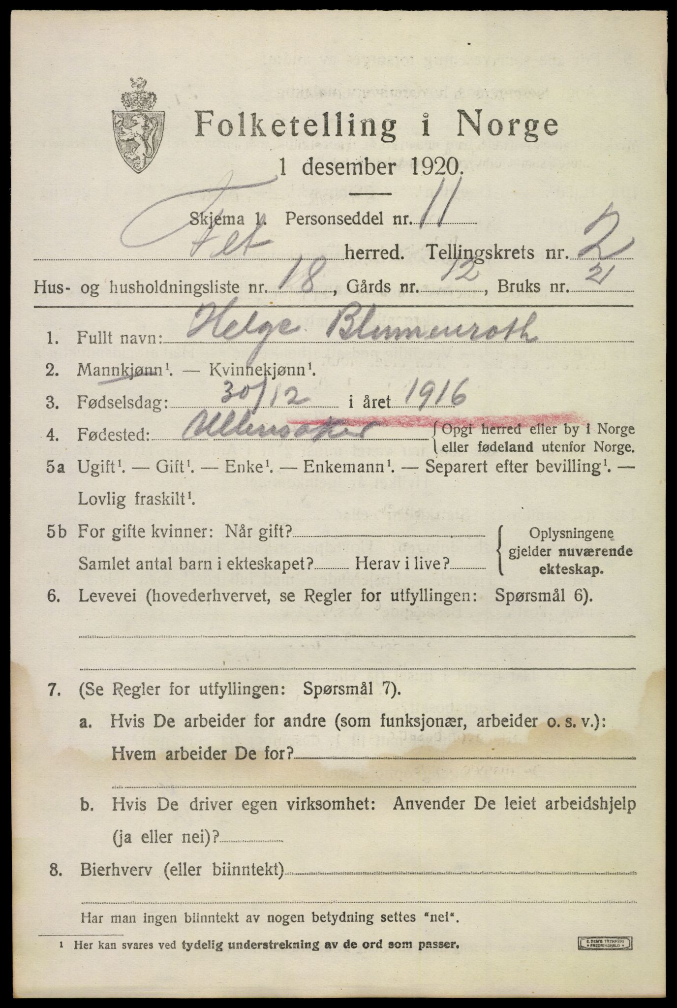 SAO, 1920 census for Fet, 1920, p. 2932