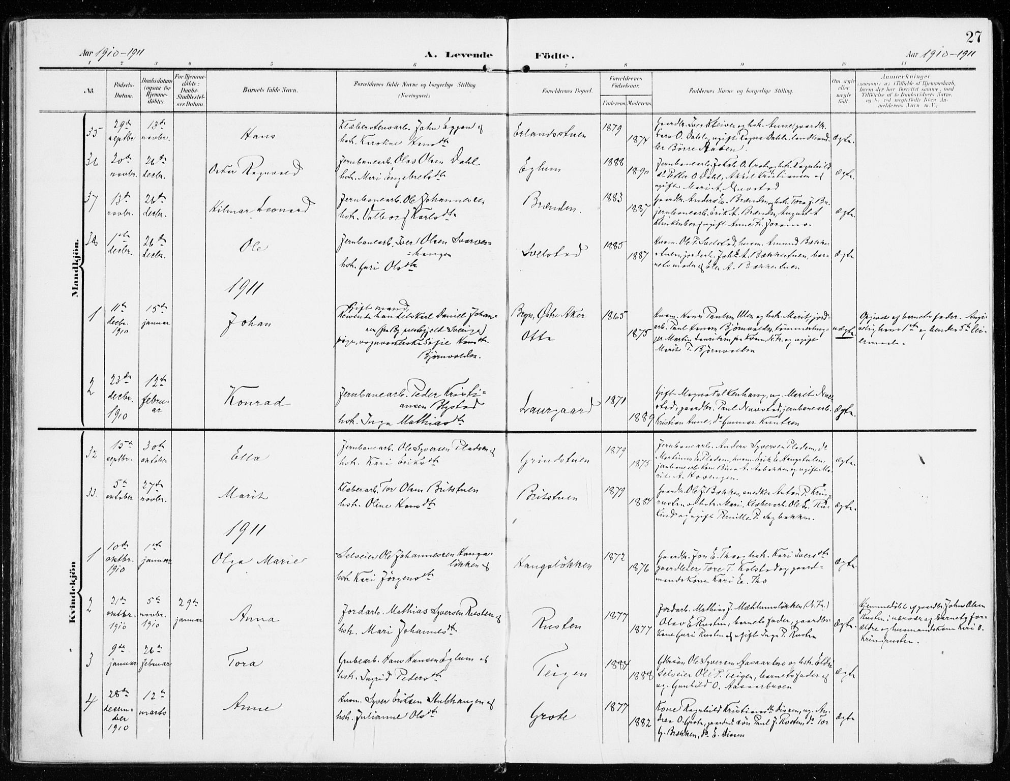 Sel prestekontor, SAH/PREST-074/H/Ha/Haa/L0002: Parish register (official) no. 2, 1905-1919, p. 27