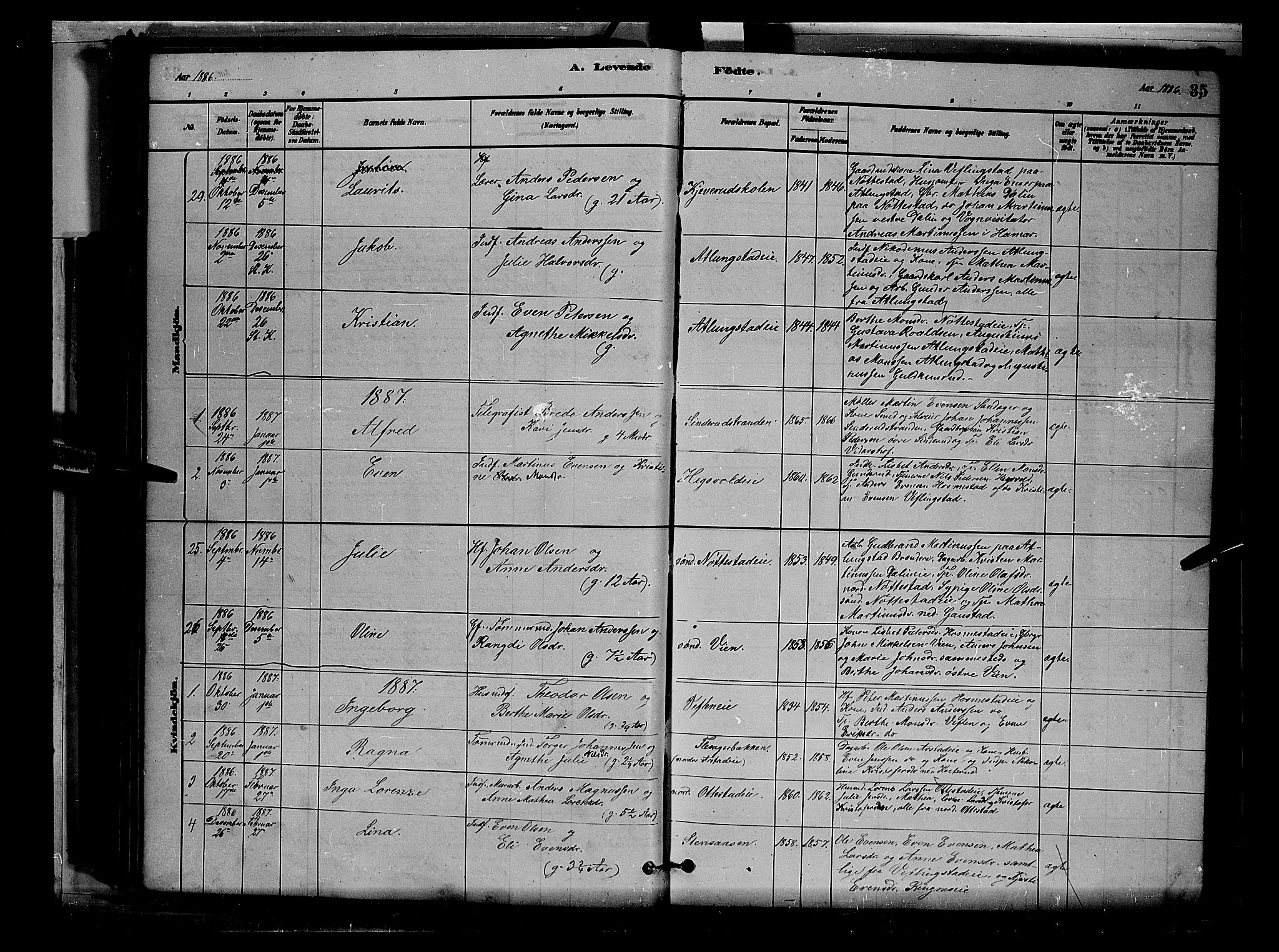 Stange prestekontor, AV/SAH-PREST-002/L/L0007: Parish register (copy) no. 7, 1880-1893, p. 35