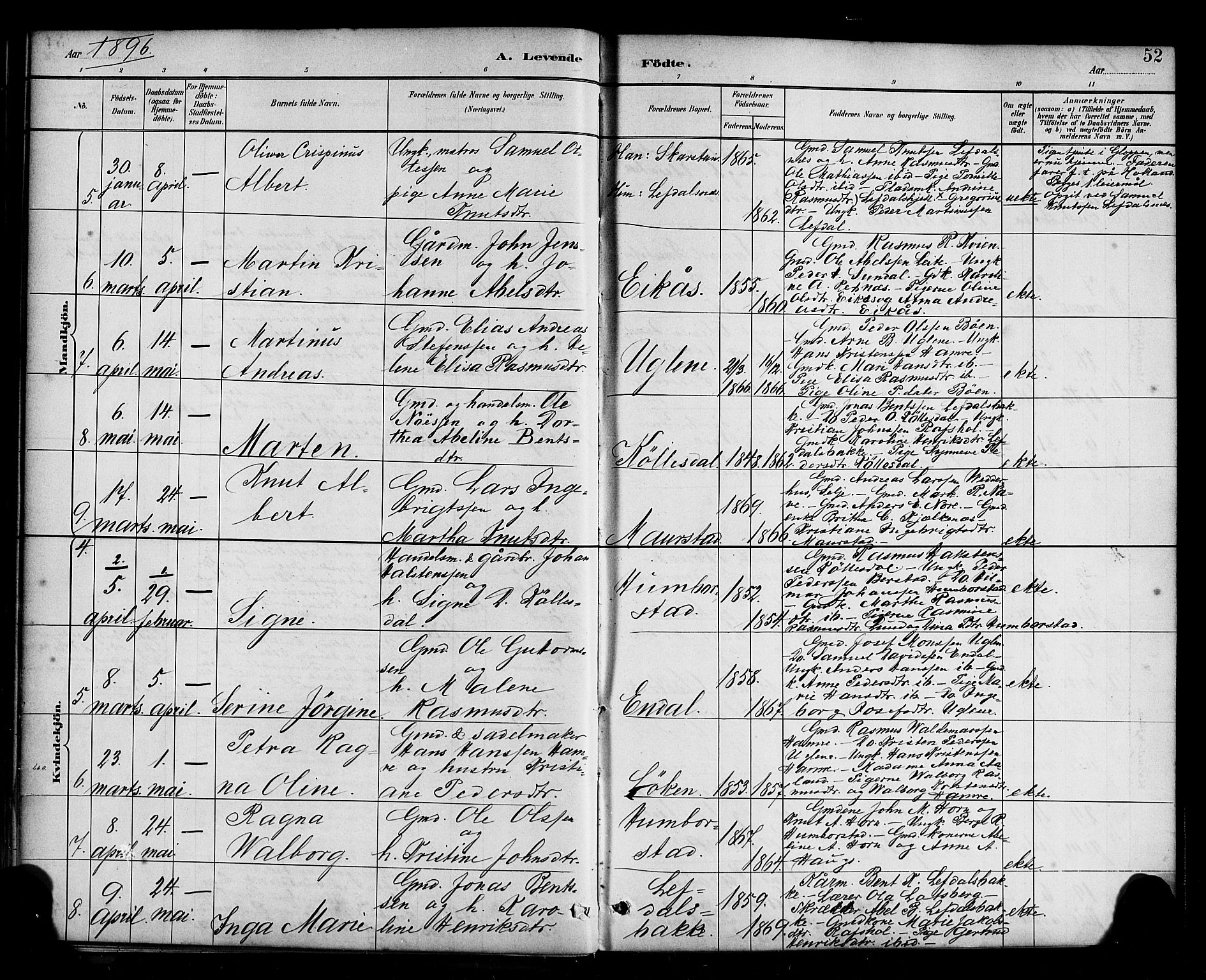 Davik sokneprestembete, AV/SAB-A-79701/H/Haa/Haab/L0001: Parish register (official) no. B 1, 1882-1900, p. 52