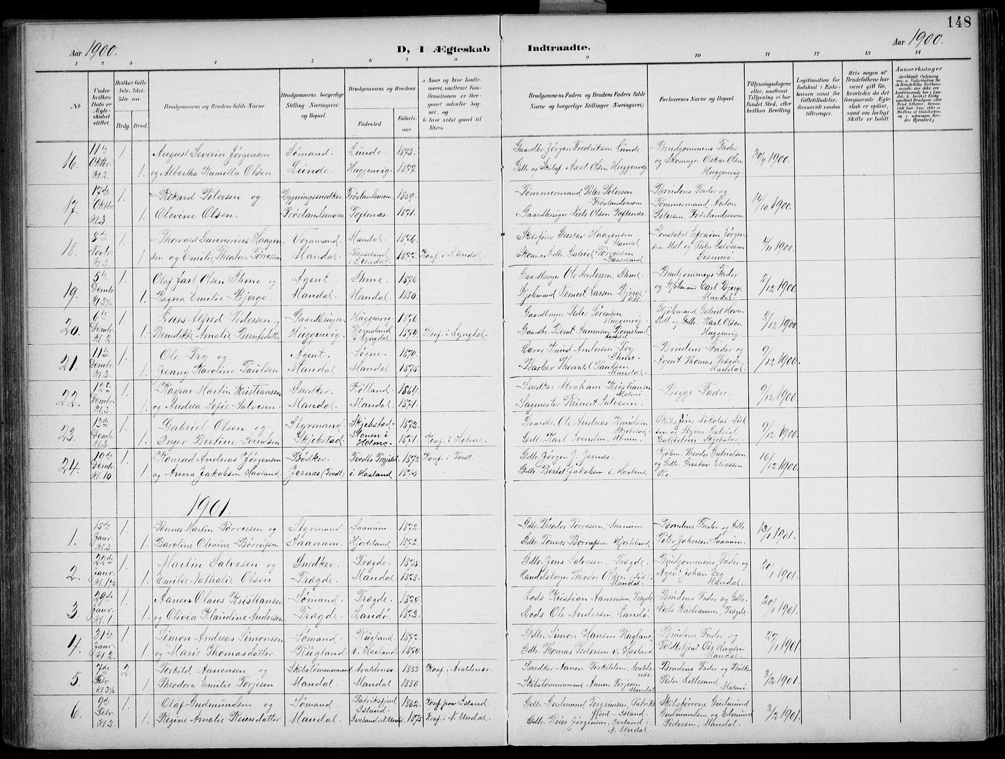 Mandal sokneprestkontor, AV/SAK-1111-0030/F/Fb/Fba/L0012: Parish register (copy) no. B 6, 1899-1918, p. 148