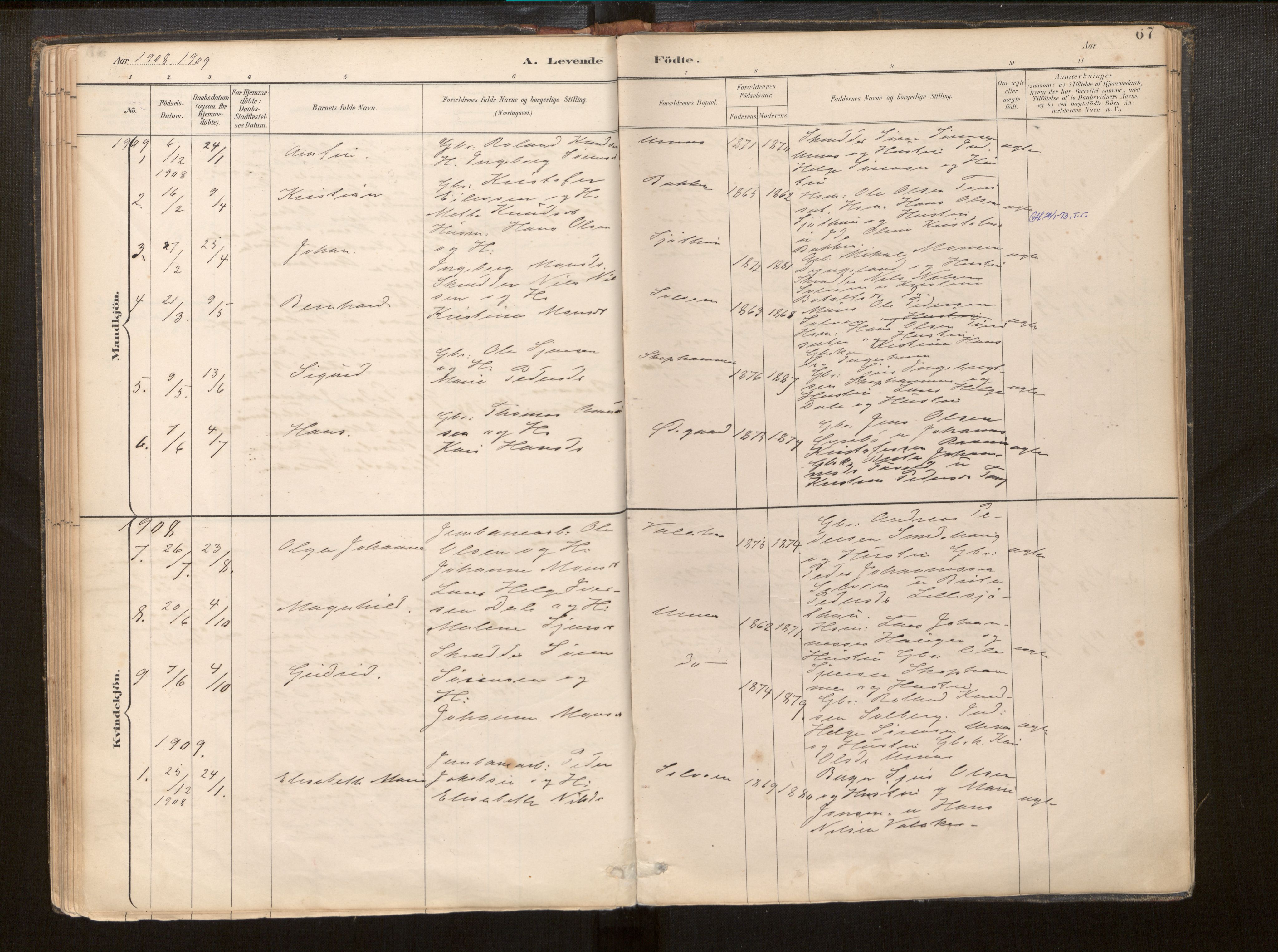 Hafslo sokneprestembete, SAB/A-80301/H/Haa/Haac/L0001: Parish register (official) no. C 1, 1886-1944, p. 67