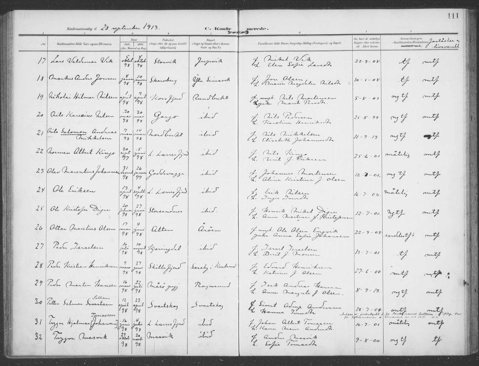 Talvik sokneprestkontor, AV/SATØ-S-1337/H/Ha/L0017kirke: Parish register (official) no. 17, 1906-1915, p. 111