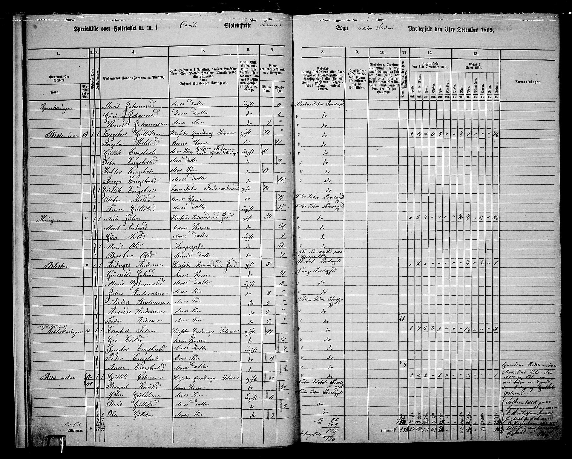 RA, 1865 census for Vestre Slidre, 1865, p. 16