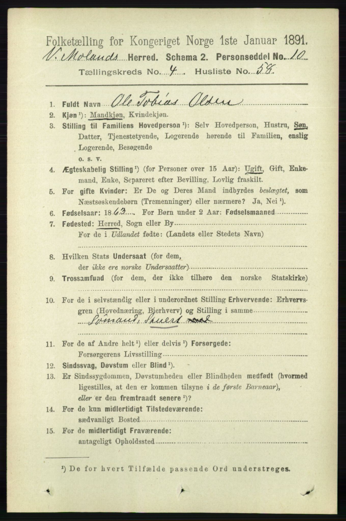 RA, 1891 census for 0926 Vestre Moland, 1891, p. 1641