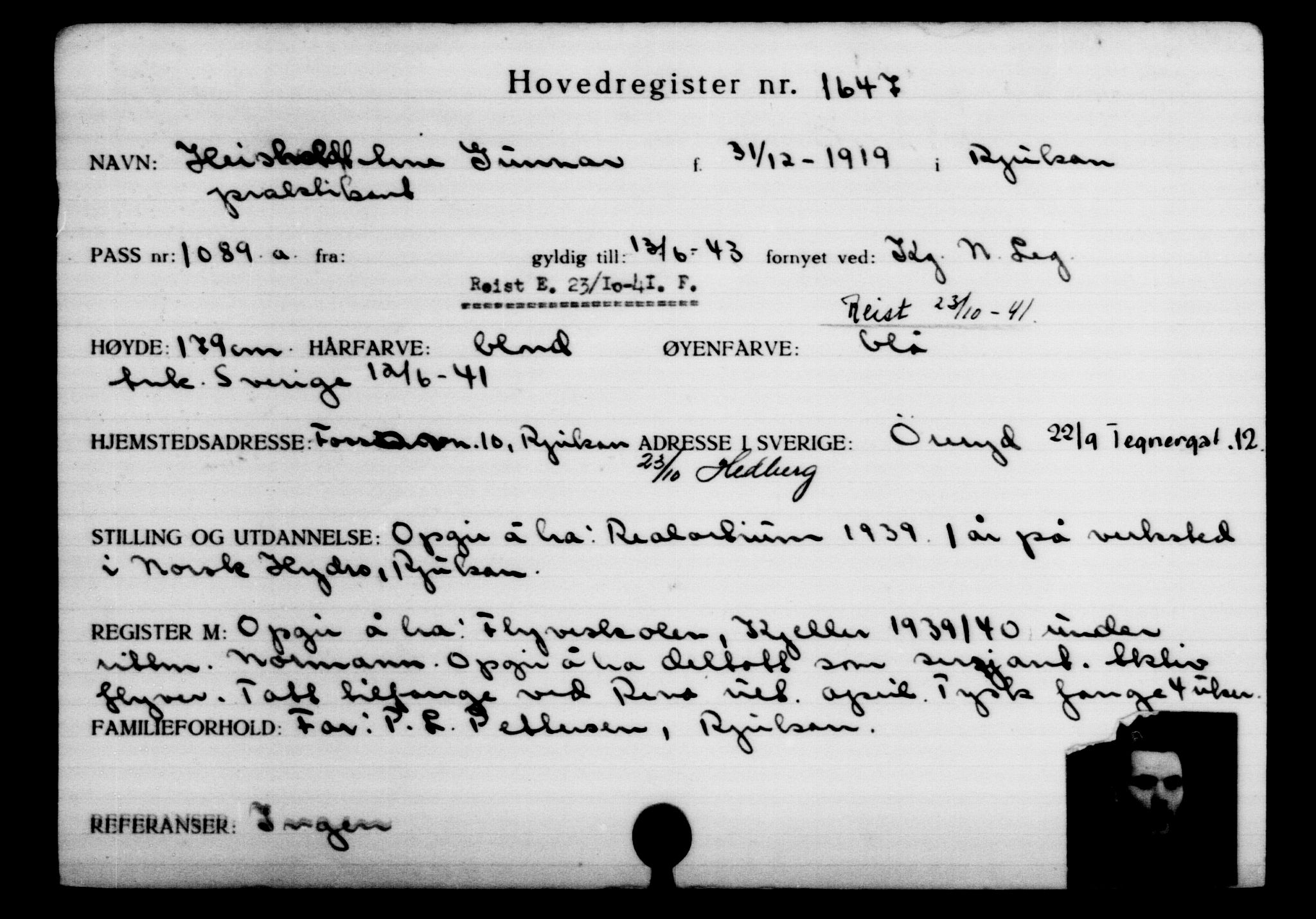 Den Kgl. Norske Legasjons Flyktningskontor, RA/S-6753/V/Va/L0002: Kjesäterkartoteket.  Flyktningenr. 1001-2000, 1940-1945, p. 920