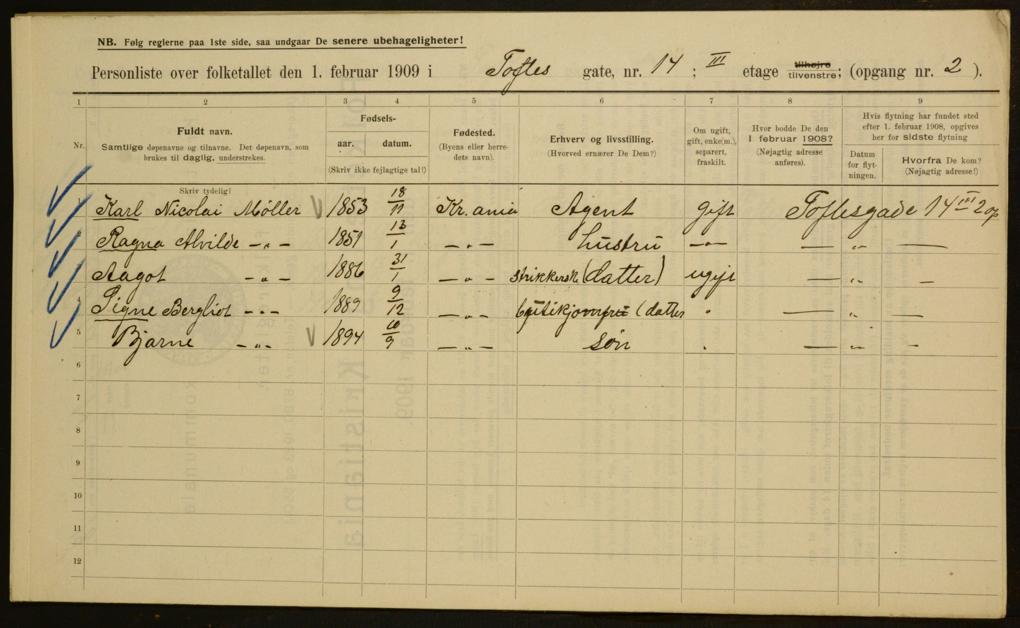 OBA, Municipal Census 1909 for Kristiania, 1909, p. 101115