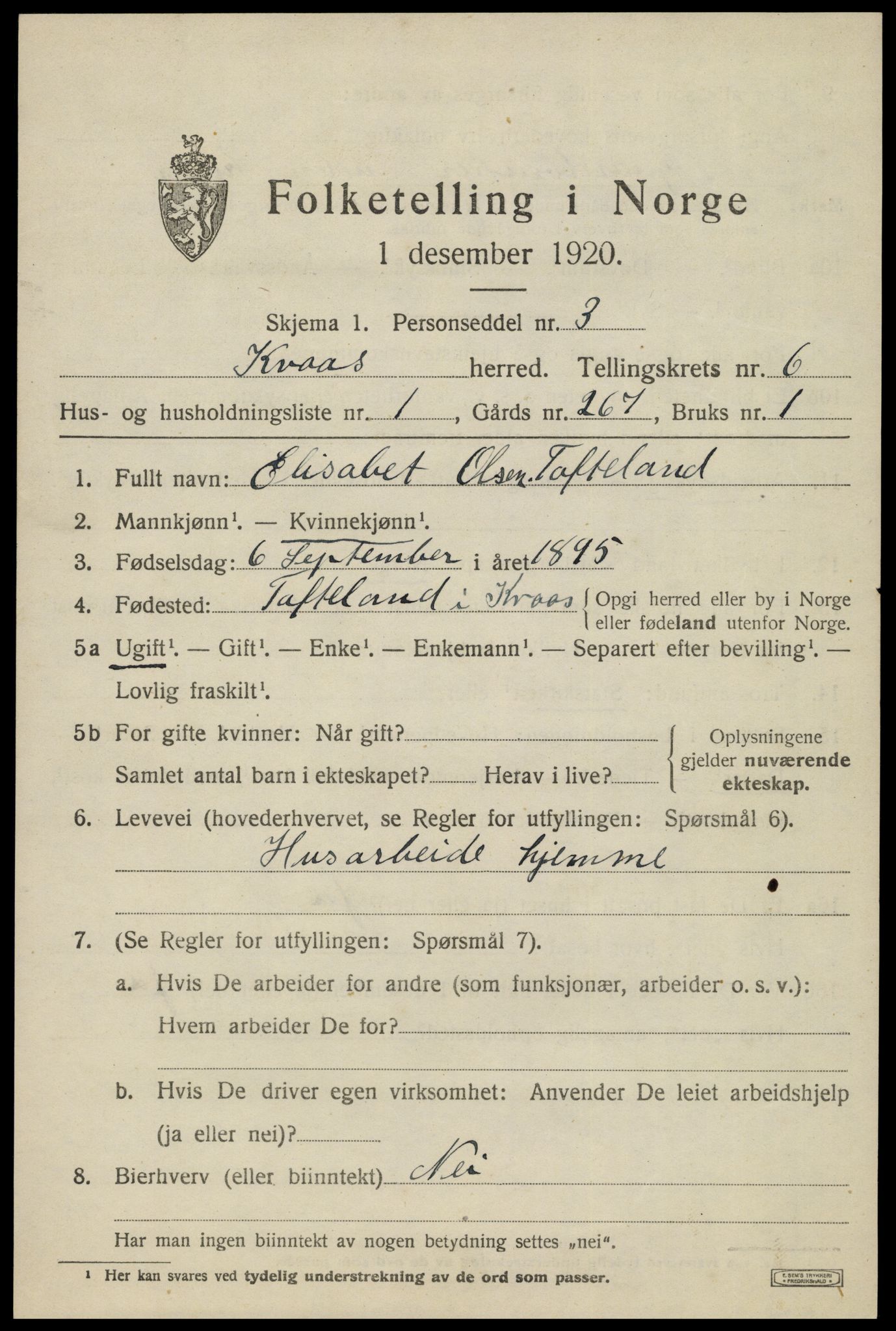 SAK, 1920 census for Kvås, 1920, p. 1506