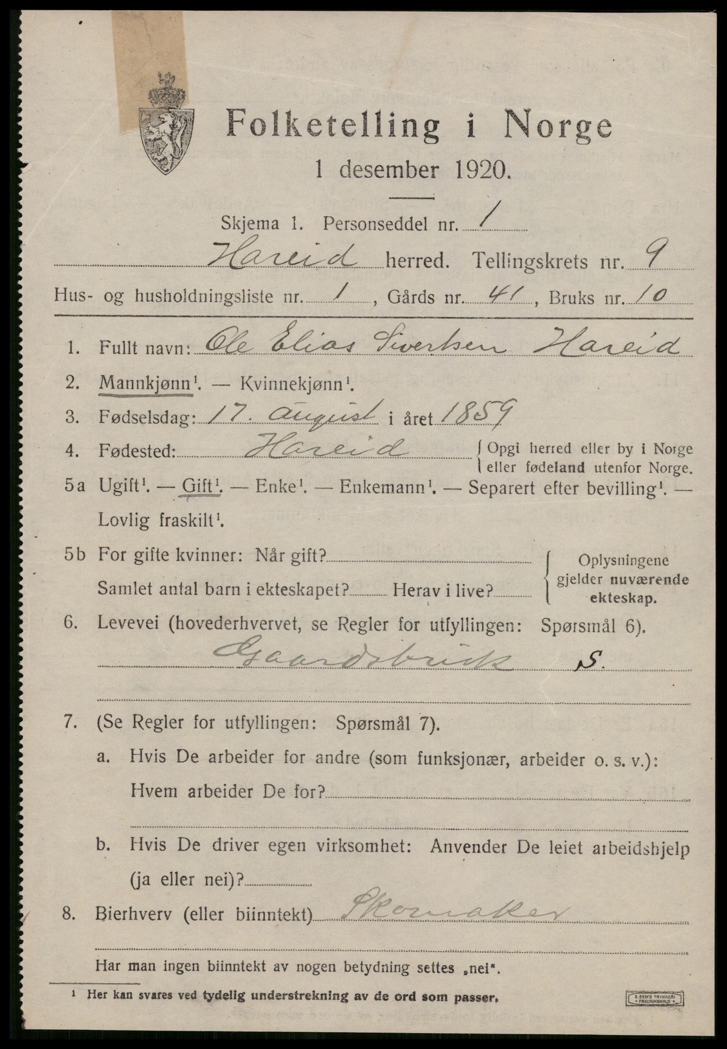 SAT, 1920 census for Hareid, 1920, p. 3159