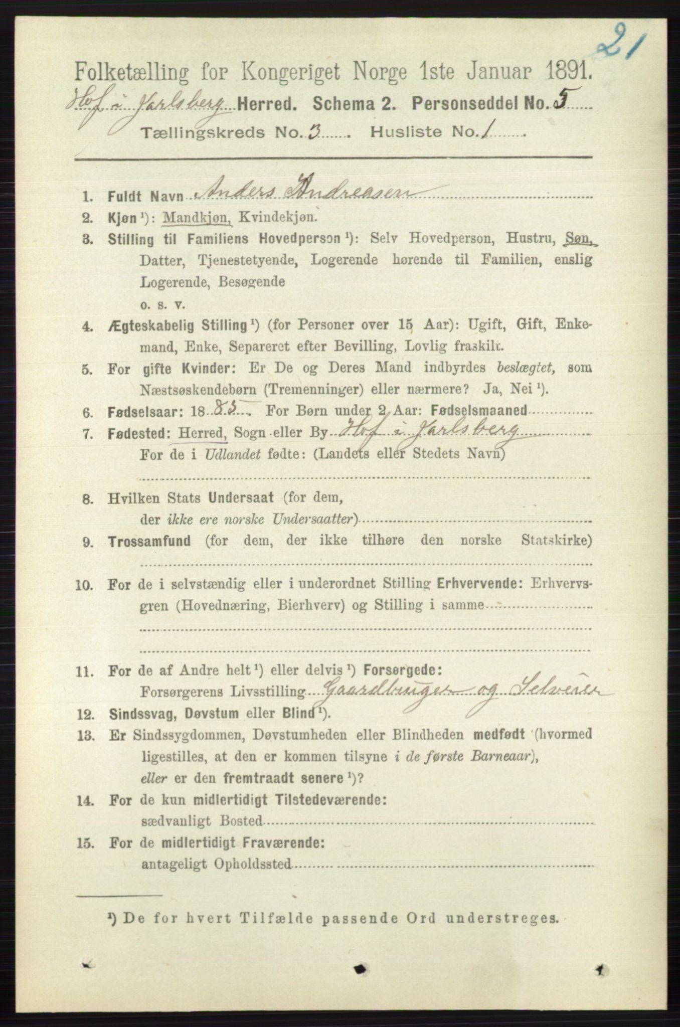 RA, 1891 census for 0714 Hof, 1891, p. 885