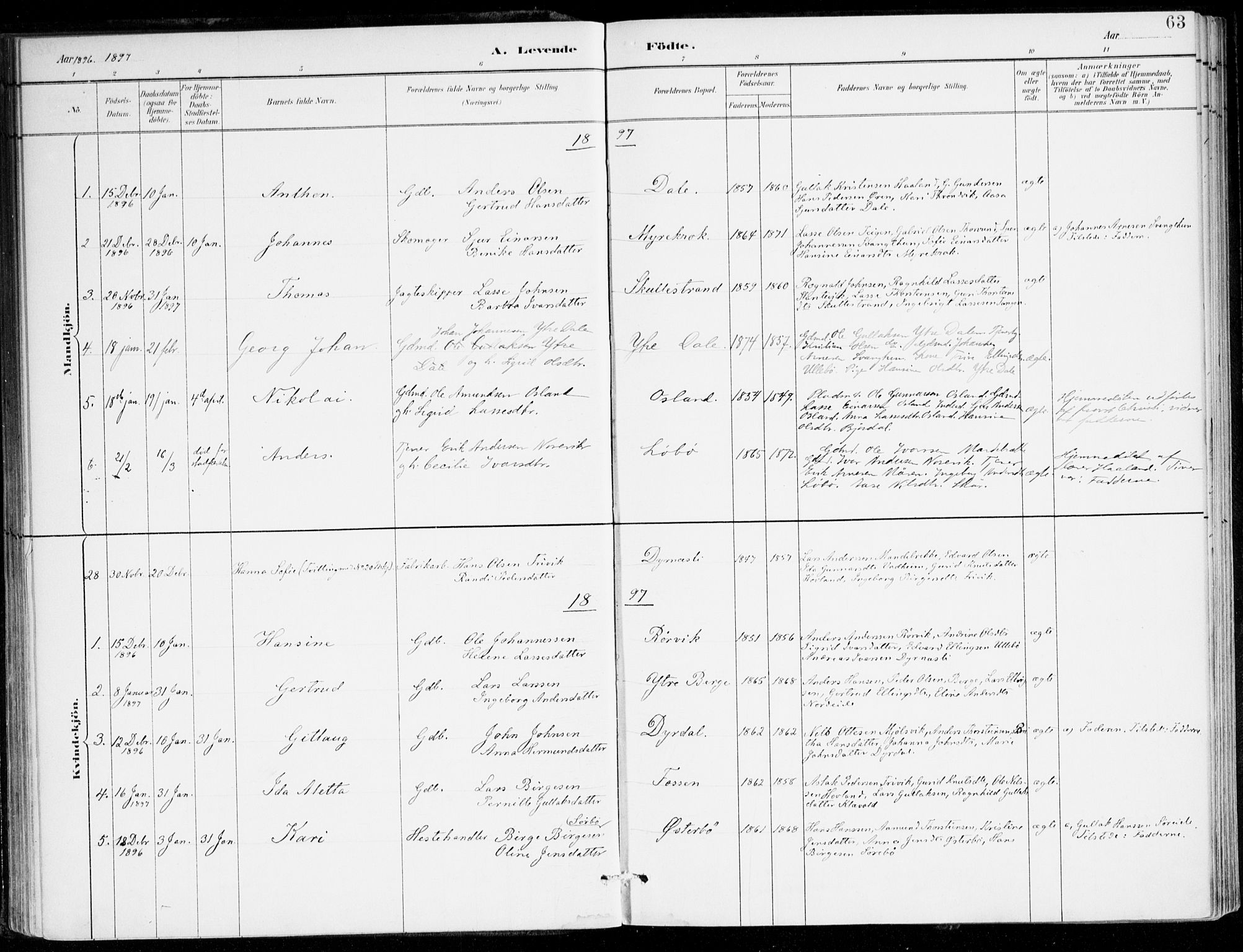 Lavik sokneprestembete, AV/SAB-A-80901: Parish register (official) no. C 1, 1882-1904, p. 63