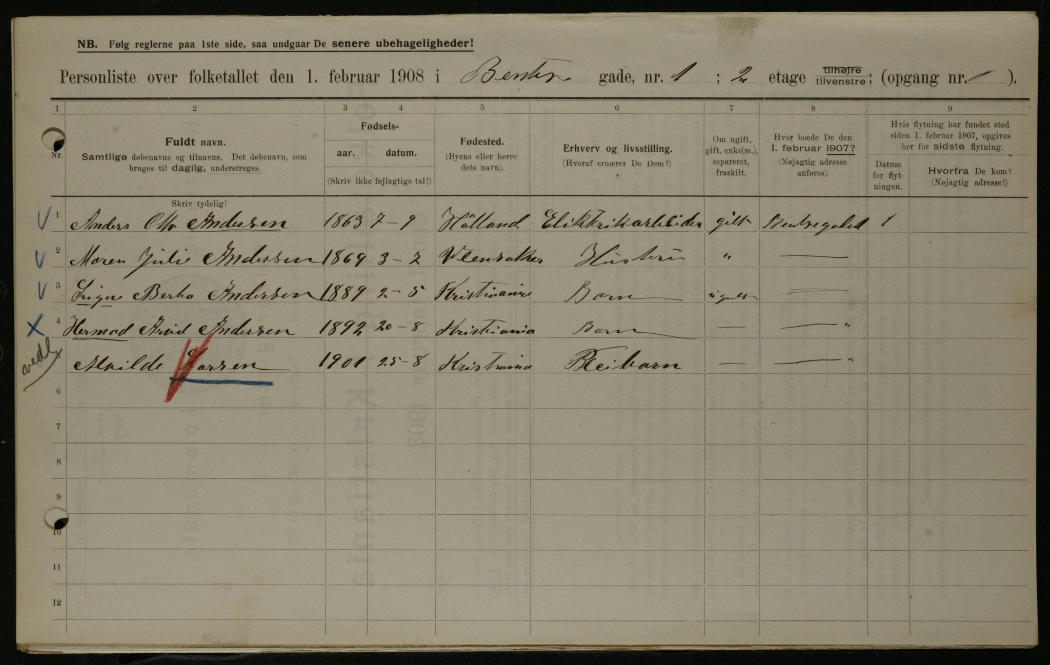 OBA, Municipal Census 1908 for Kristiania, 1908, p. 3561