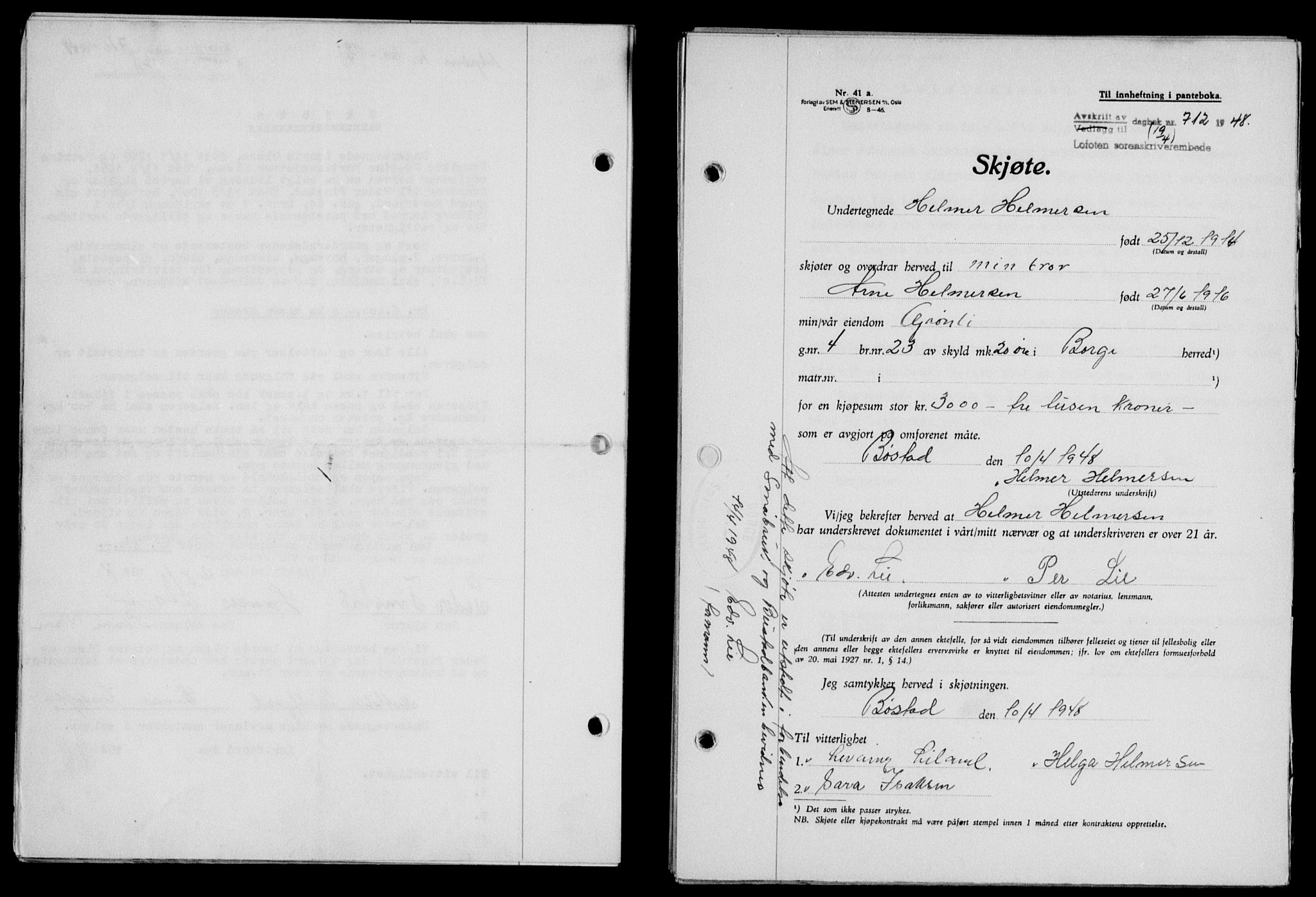 Lofoten sorenskriveri, SAT/A-0017/1/2/2C/L0018a: Mortgage book no. 18a, 1948-1948, Diary no: : 712/1948