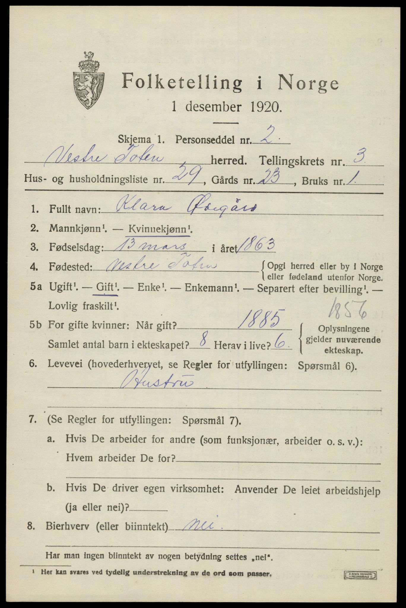 SAH, 1920 census for Vestre Toten, 1920, p. 5048