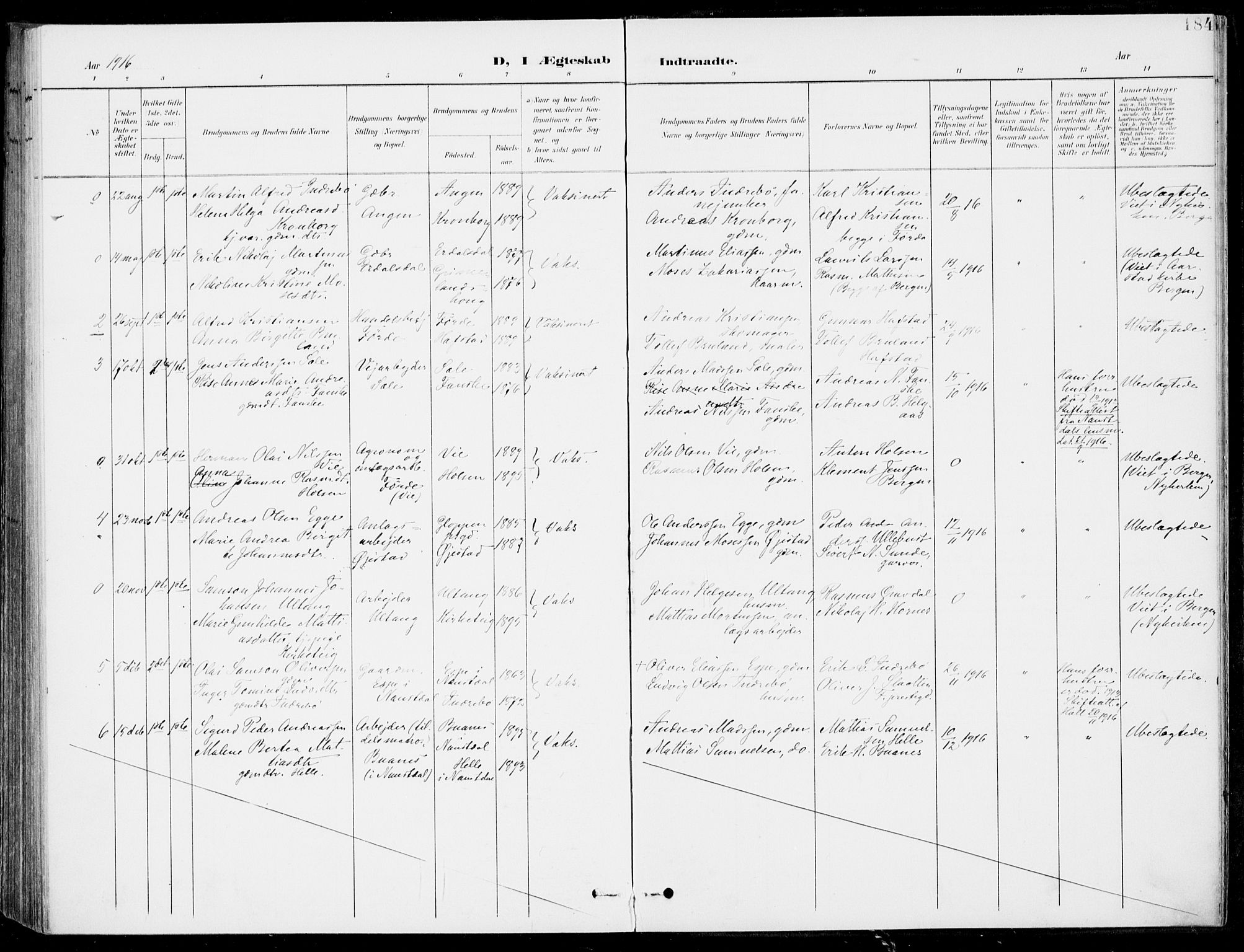 Førde sokneprestembete, SAB/A-79901/H/Haa/Haab/L0002: Parish register (official) no. B  2, 1899-1920, p. 184