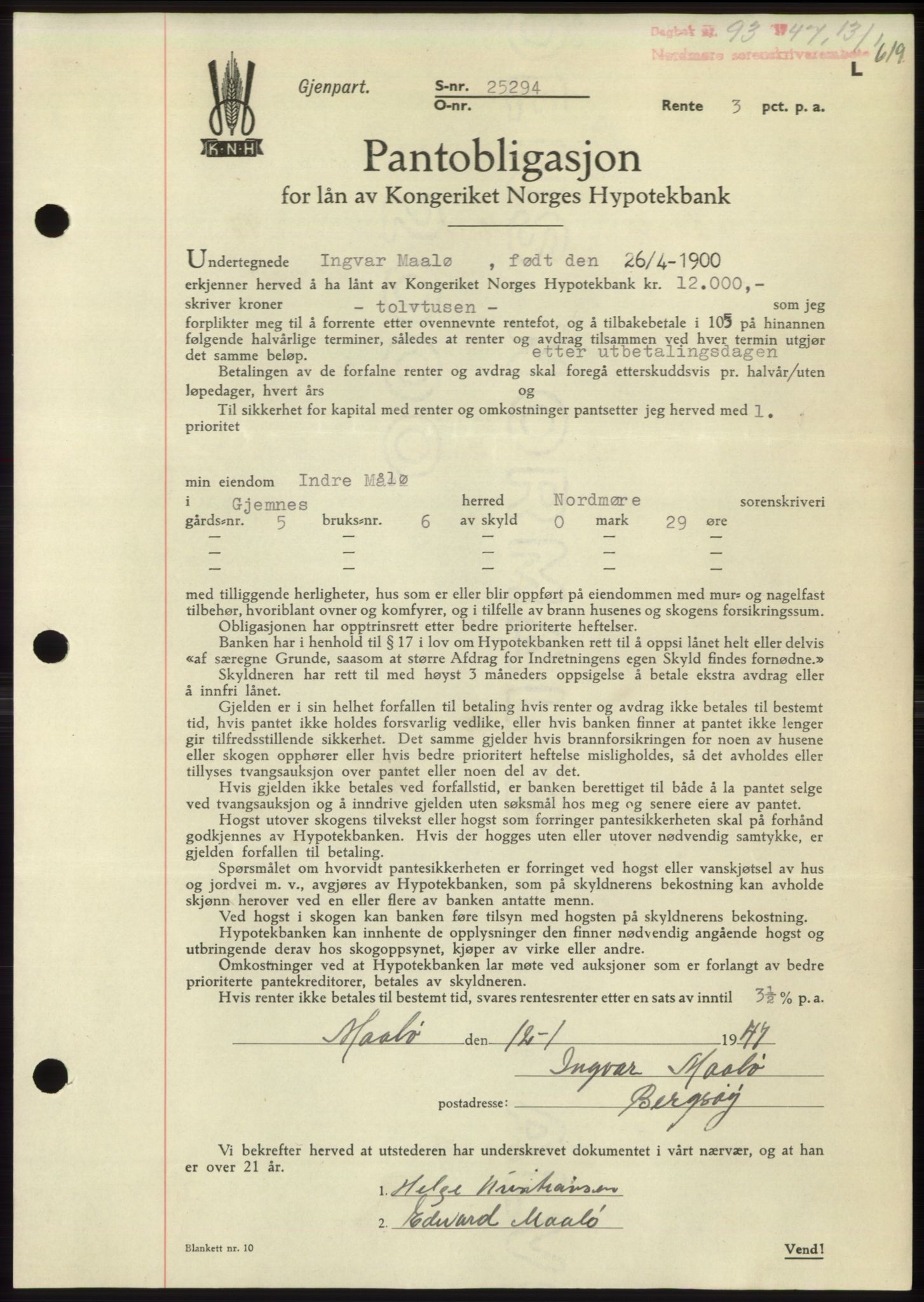 Nordmøre sorenskriveri, AV/SAT-A-4132/1/2/2Ca: Mortgage book no. B95, 1946-1947, Diary no: : 93/1947