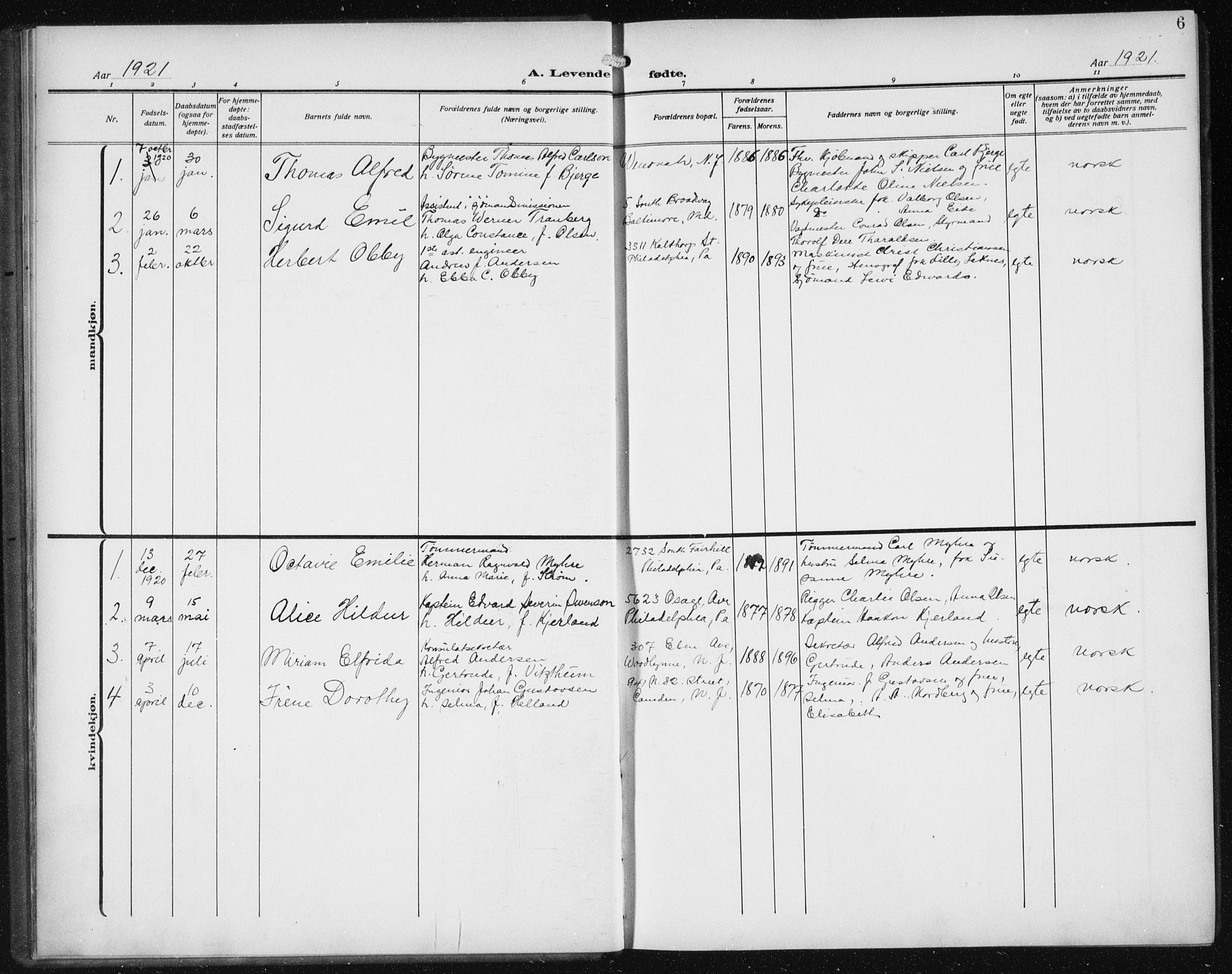 Den norske sjømannsmisjon i utlandet/Philadelphia, SAB/SAB/PA-0113/H/Ha/L0001: Parish register (official) no. A 1, 1912-1931, p. 6