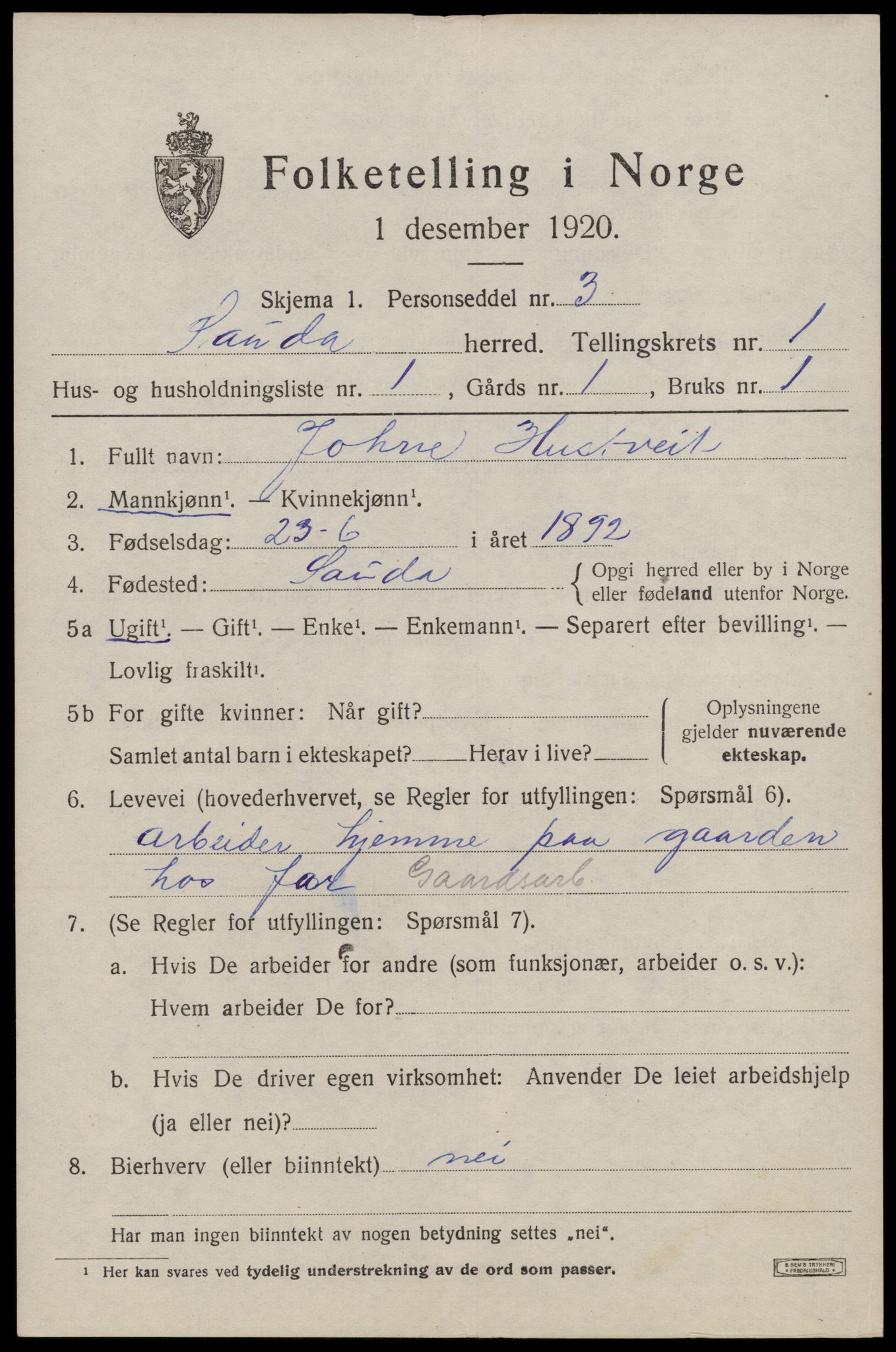 SAST, 1920 census for Sauda, 1920, p. 832