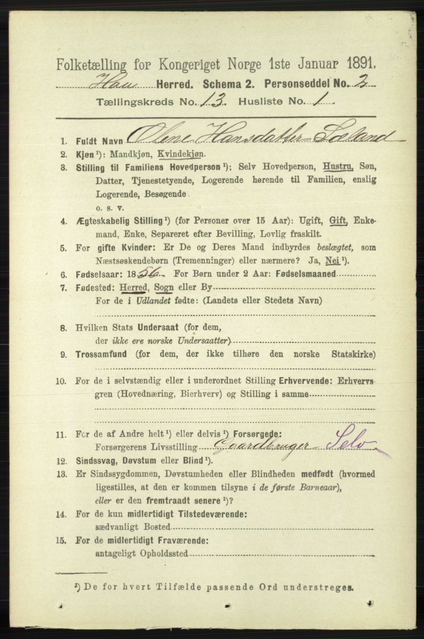 RA, 1891 census for 1119 Hå, 1891, p. 3157