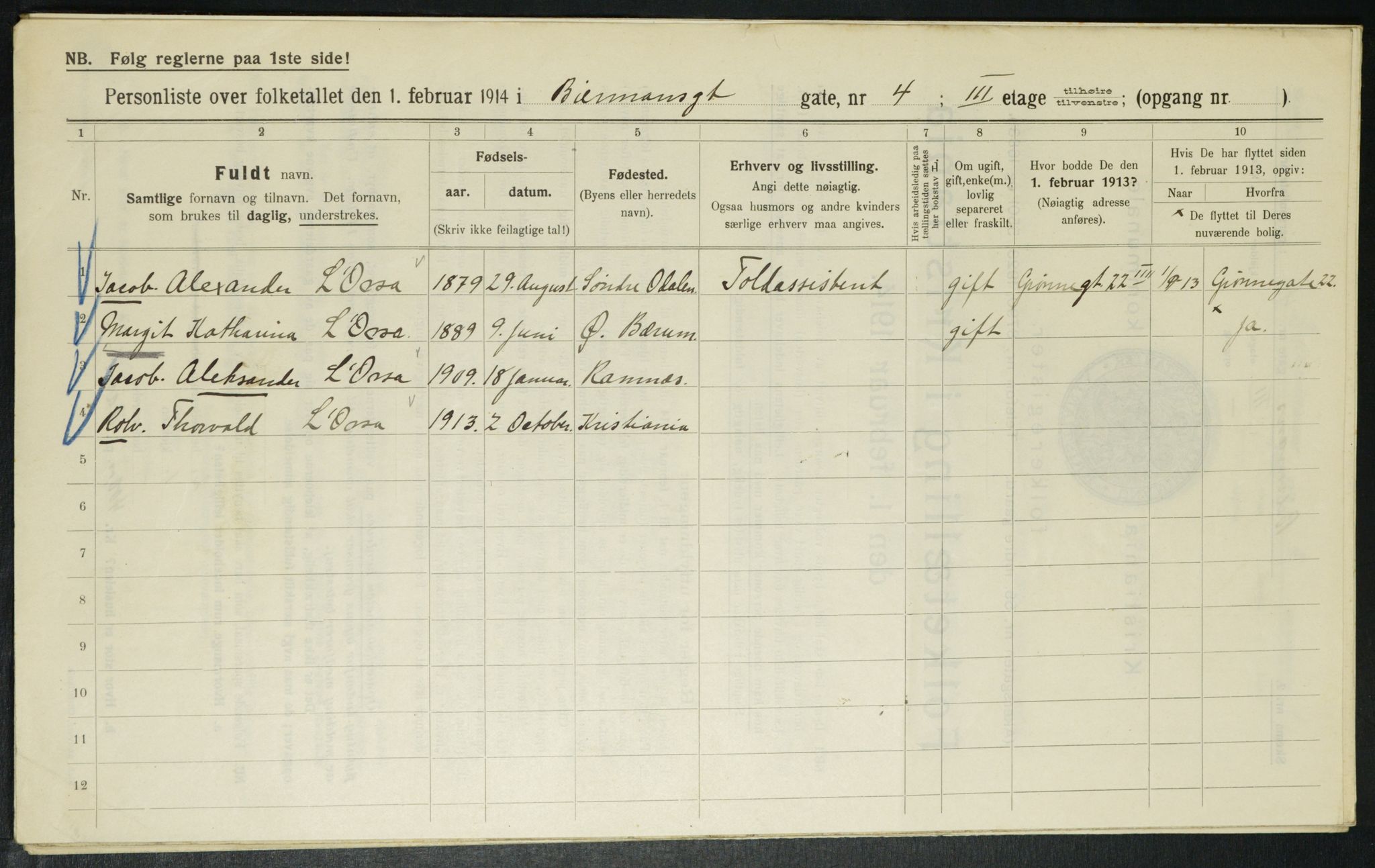 OBA, Municipal Census 1914 for Kristiania, 1914, p. 4787