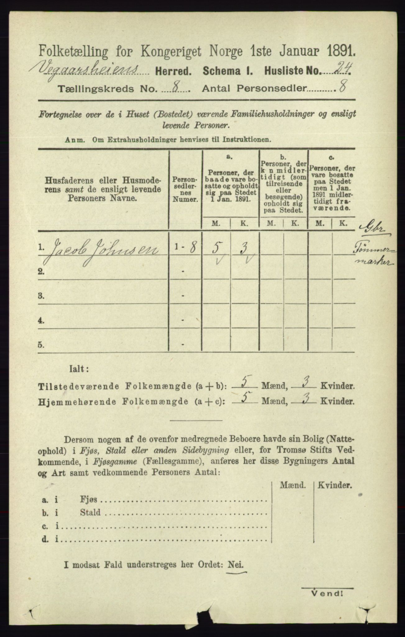 RA, 1891 census for 0912 Vegårshei, 1891, p. 1520