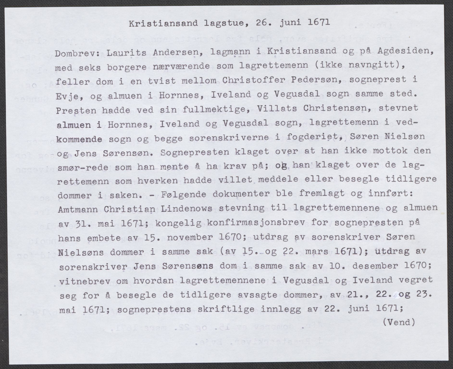 Riksarkivets diplomsamling, AV/RA-EA-5965/F15/L0031: Prestearkiv - Aust-Agder, Vest-Agder og Rogaland, 1575-1768, p. 44