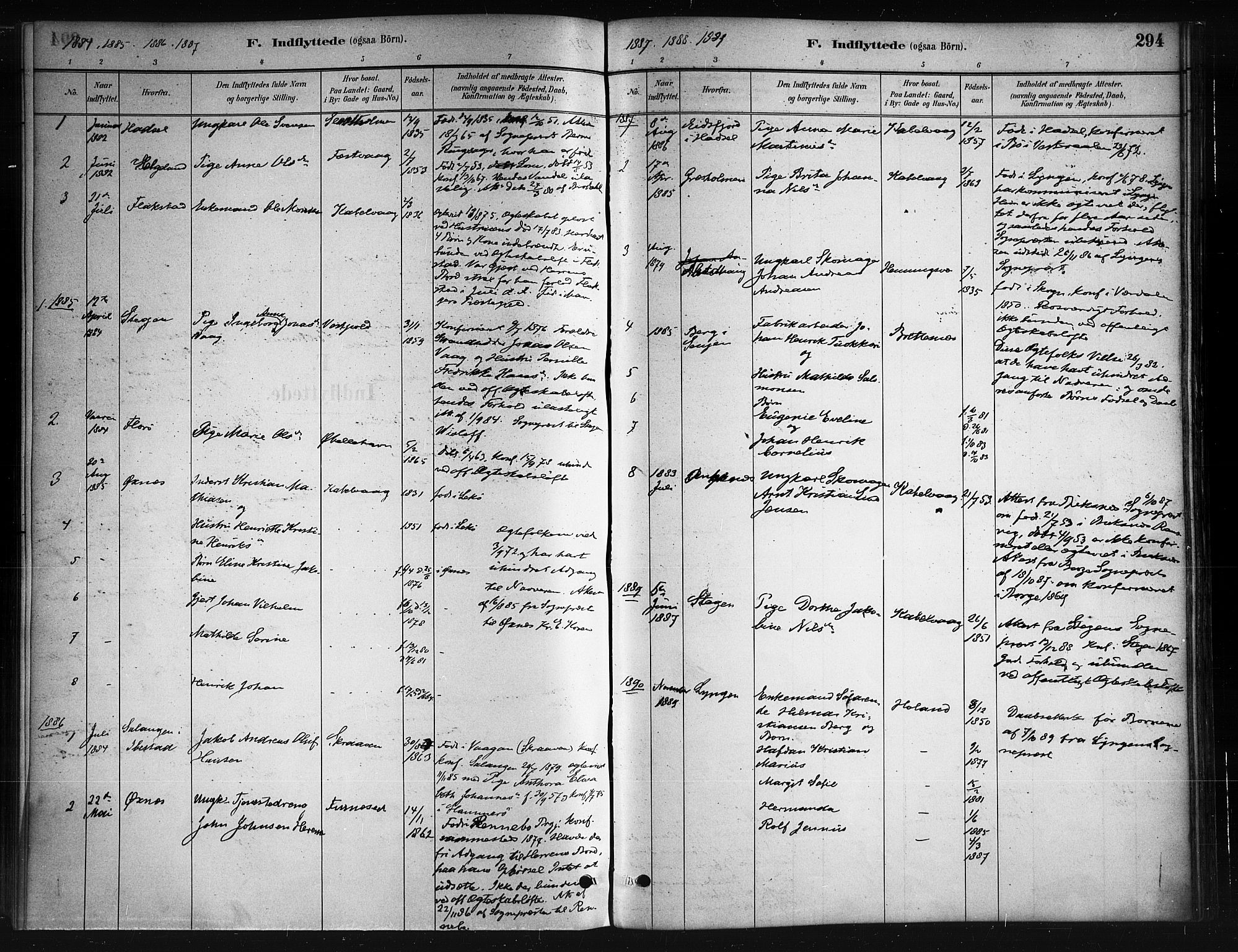 Ministerialprotokoller, klokkerbøker og fødselsregistre - Nordland, AV/SAT-A-1459/874/L1059: Parish register (official) no. 874A03, 1884-1890, p. 294