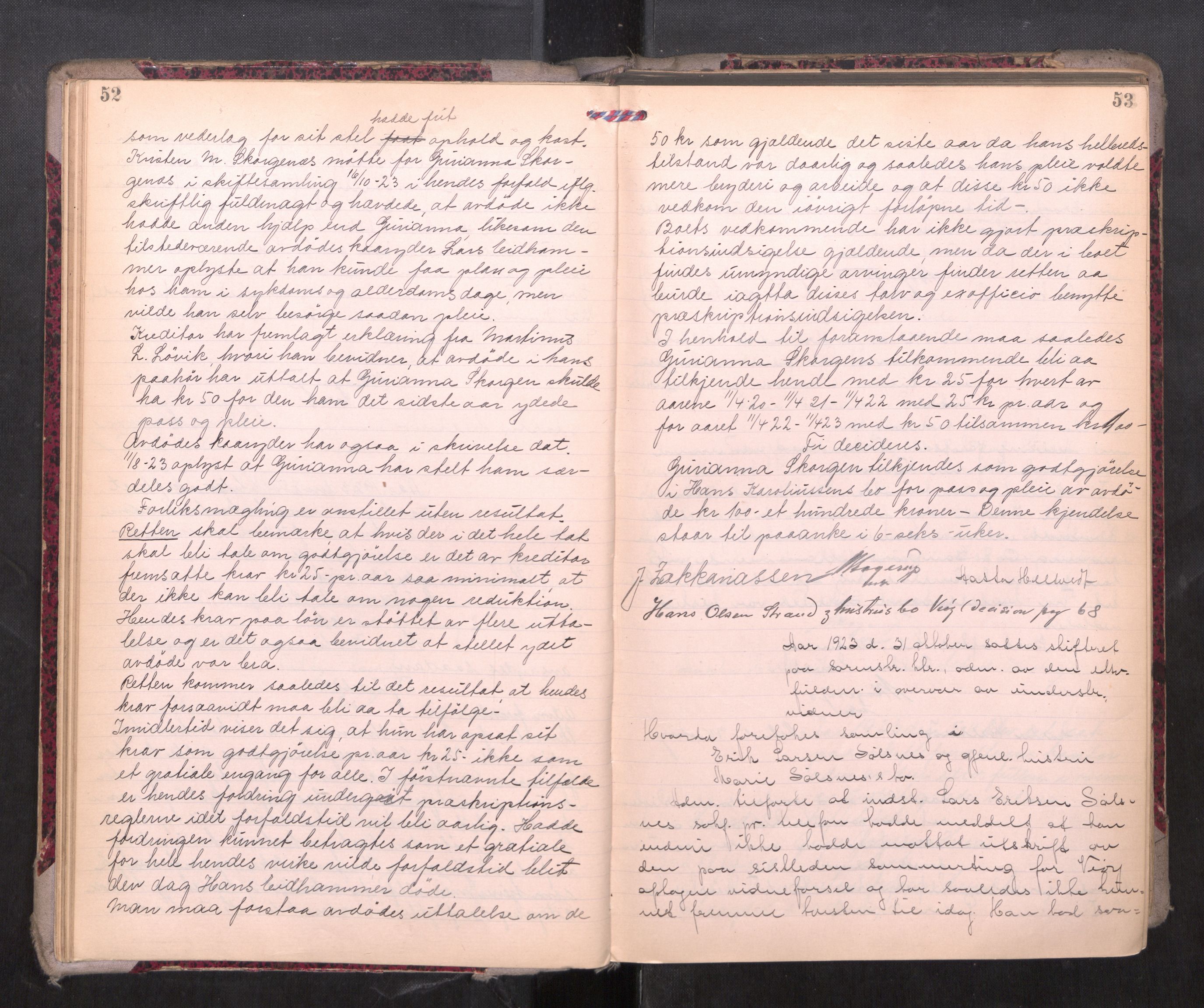 Romsdal sorenskriveri, AV/SAT-A-4149/1/3/3B/L0010: Skiftebehandlingsprotokoll, 1923-1925, p. 52-53