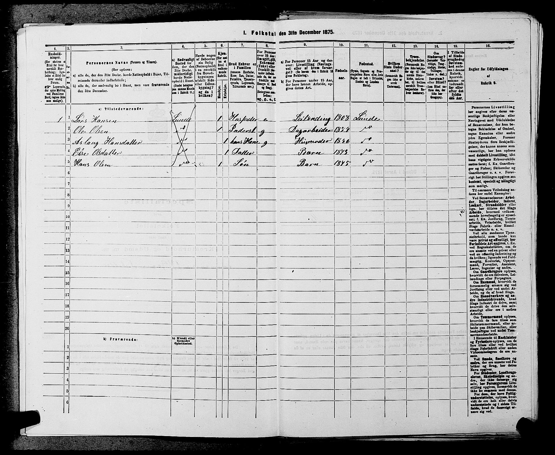 SAKO, 1875 census for 0820P Lunde, 1875, p. 662