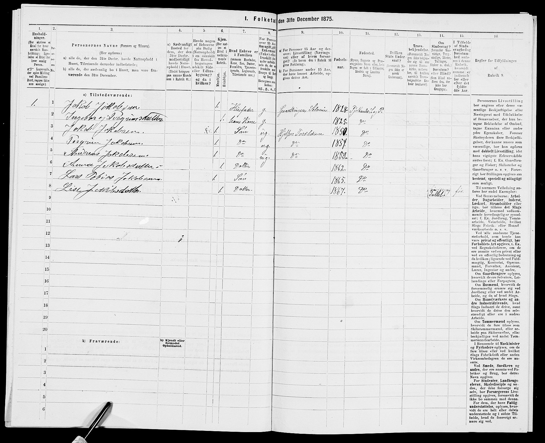 SAK, 1875 census for 1036P Fjotland, 1875, p. 200