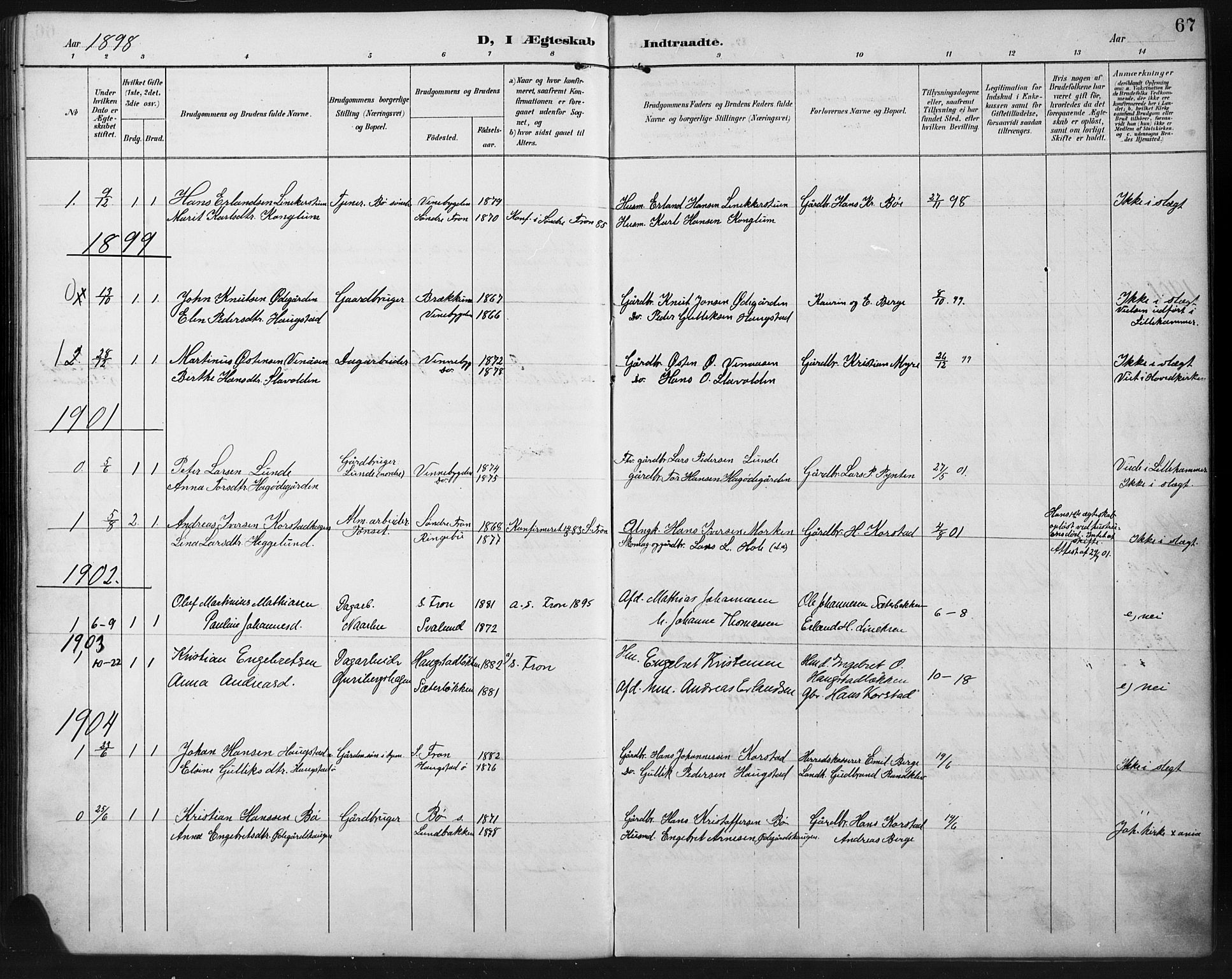 Ringebu prestekontor, SAH/PREST-082/H/Ha/Hab/L0008: Parish register (copy) no. 8, 1890-1922, p. 67