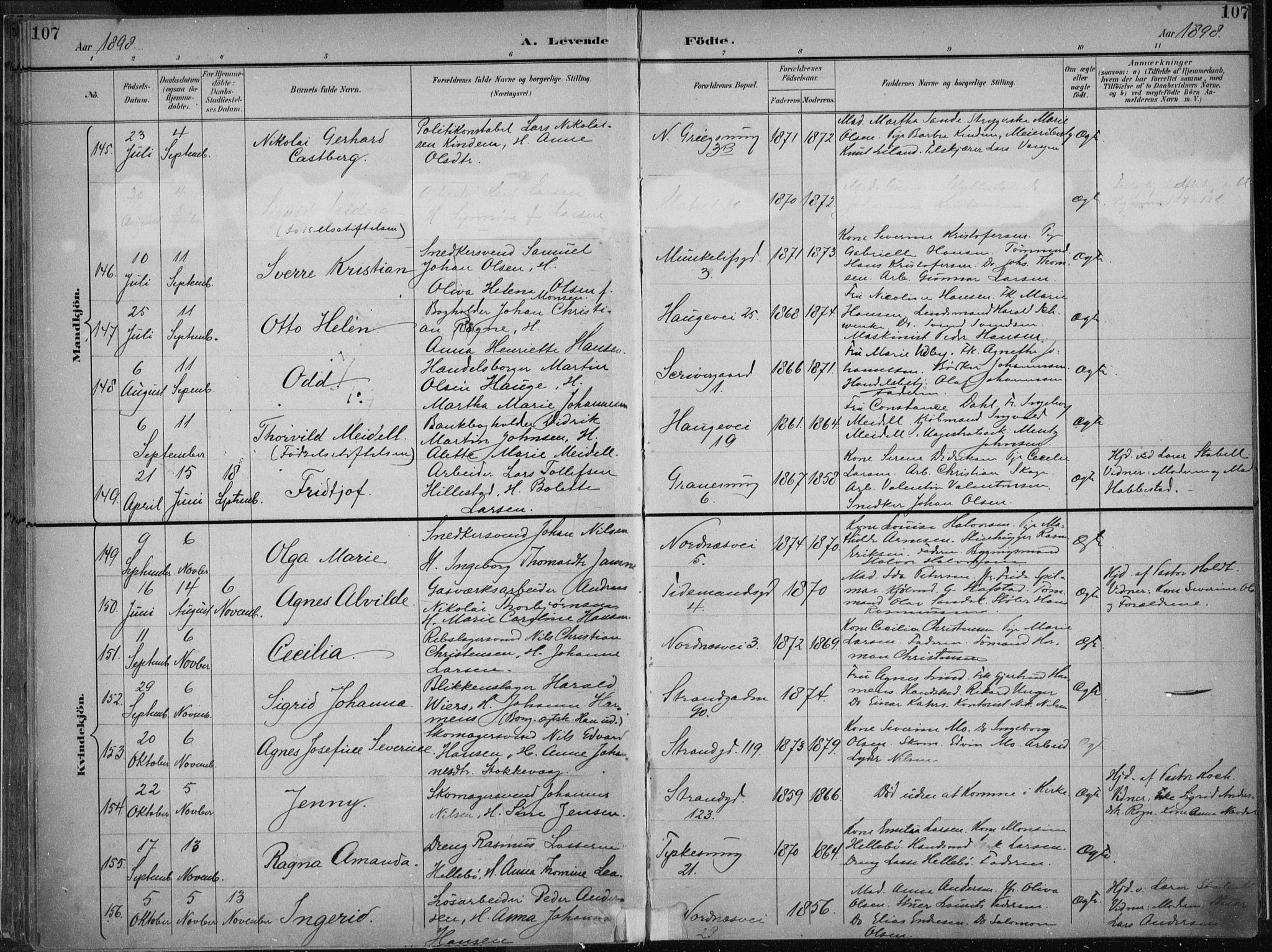 Nykirken Sokneprestembete, AV/SAB-A-77101/H/Haa/L0018: Parish register (official) no. B 6, 1895-1903, p. 107