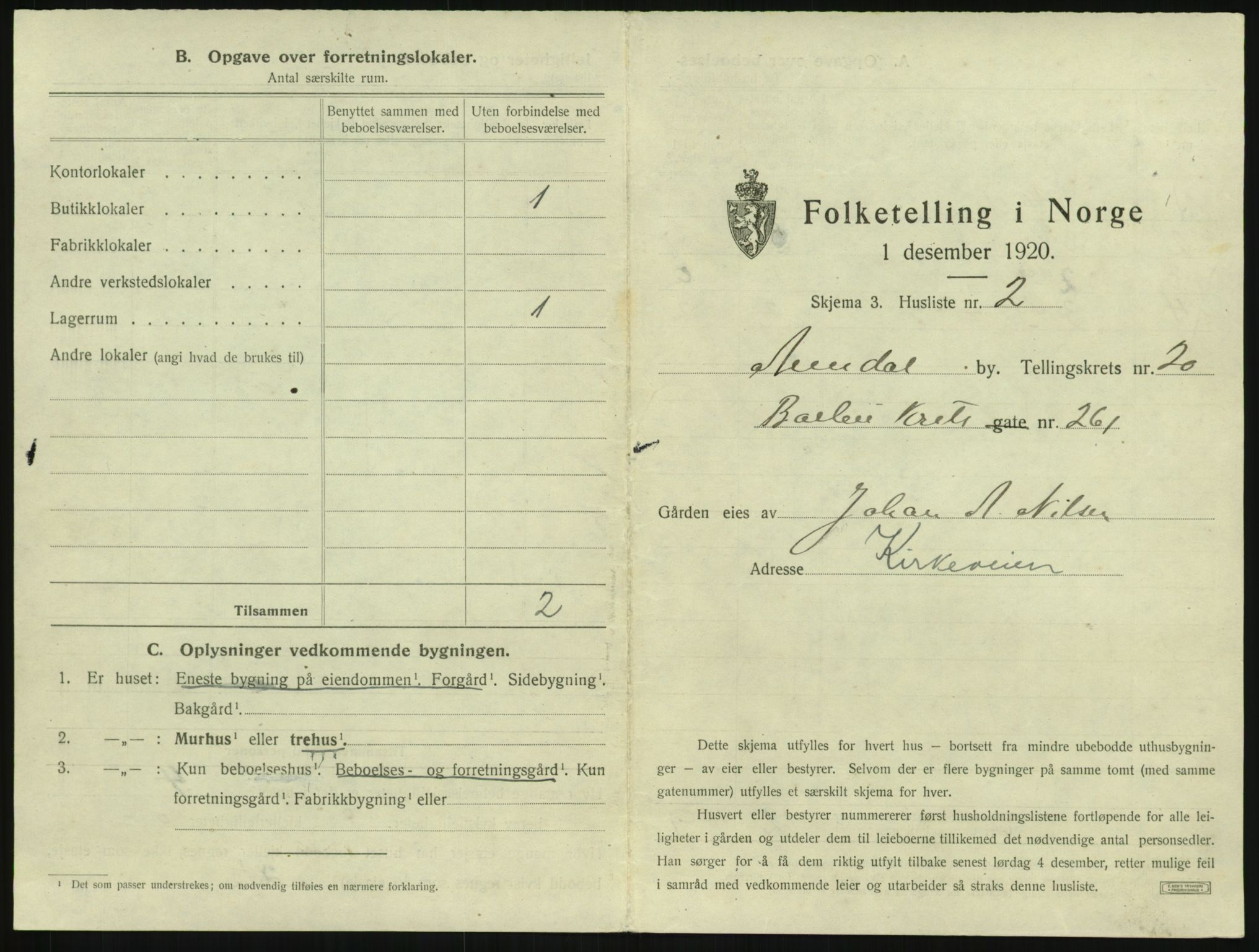 SAK, 1920 census for Arendal, 1920, p. 3104