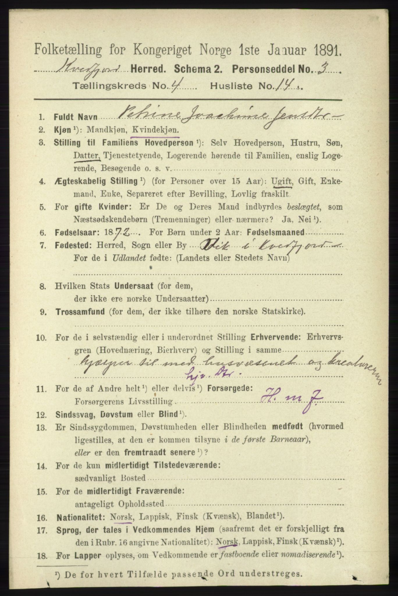 RA, 1891 census for 1911 Kvæfjord, 1891, p. 1978