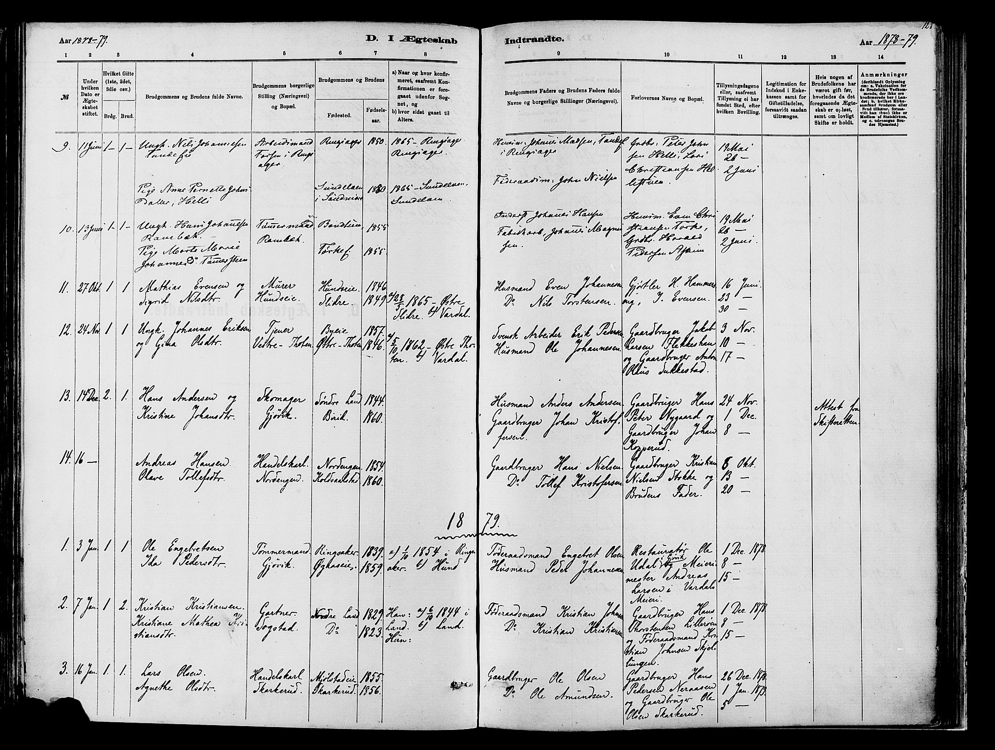 Vardal prestekontor, SAH/PREST-100/H/Ha/Haa/L0009: Parish register (official) no. 9, 1878-1892, p. 128
